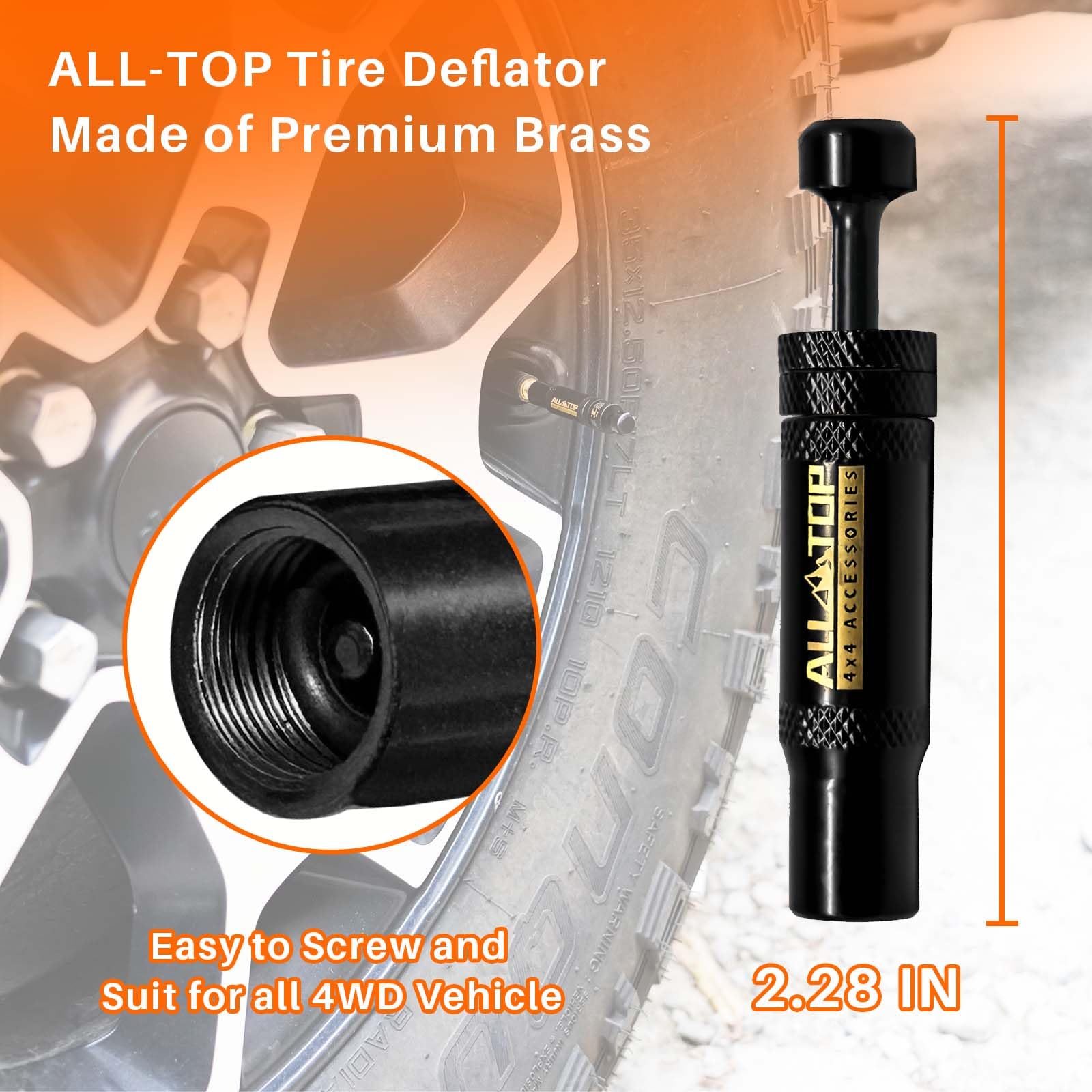 ALL-TOP Adjustable Tire Deflator Valve Kit - 4 PCS, 10-30 PSI, Brass, Includes 5 Valve Caps for Offroad 4x4