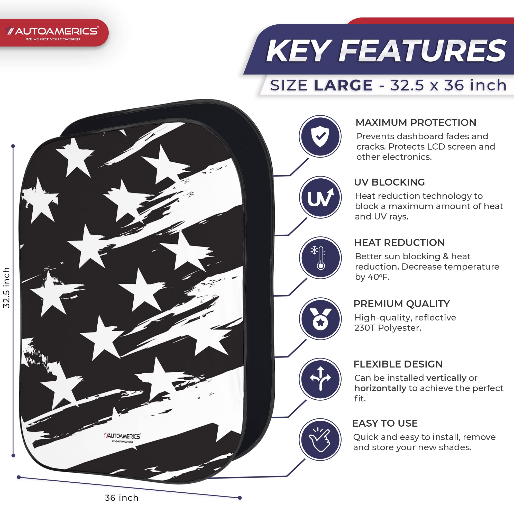 Autoamerics 2-Piece Windshield Sun Shade - B&W USA Flag Foldable Car Front Window Sunshade for Most Cars SUV Truck - Heat Blocke
