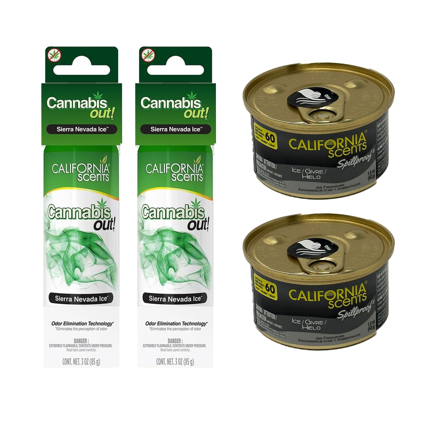 California Scents Spillproof Can and Cannabis Out Spray Combo Kit: Ice and Sierra Nevada Ice Car Air Fresheners - Long Lasting C