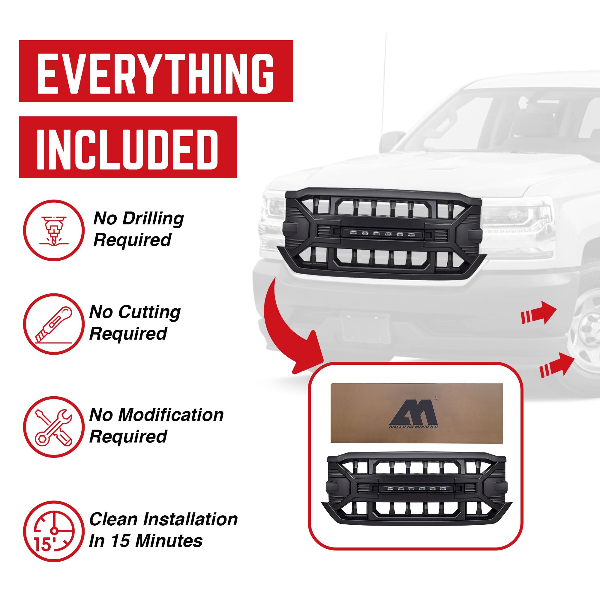 AMERICAN MODIFIED Armor Grille with Off-Road LED Lights Compatible with Chevrolet Silverado 1500, 2016 to 2019 Models, Matte Bla