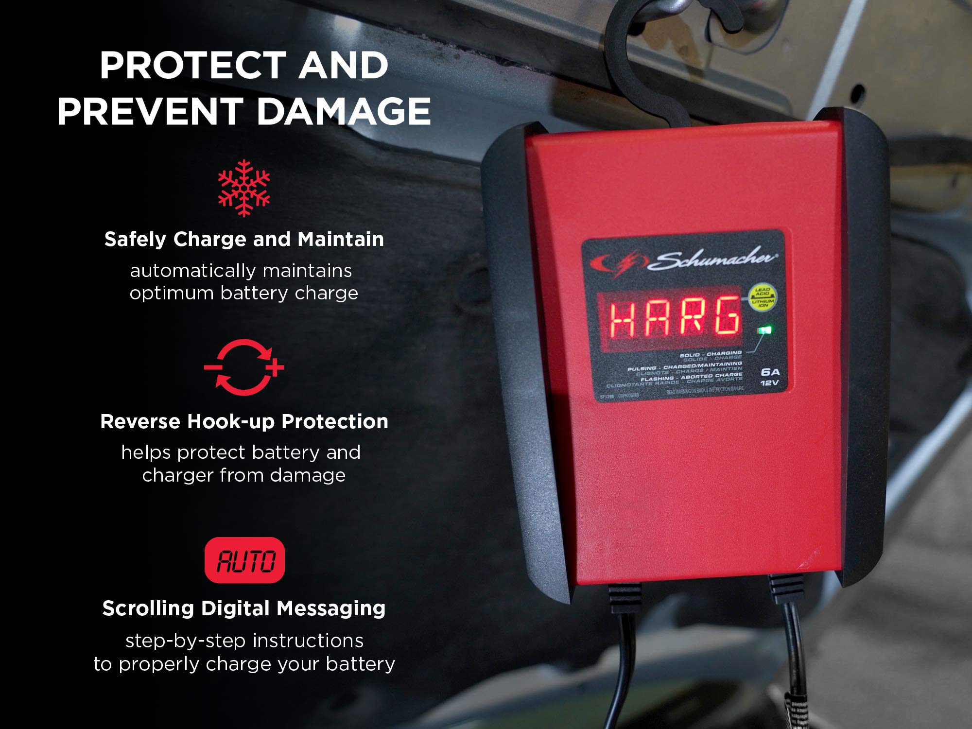 Schumacher SP1298 6 Amp Fully Automatic Battery Charger & Maintainer for Cars, Motorcycles, Lawn Tractors, Marine - Red