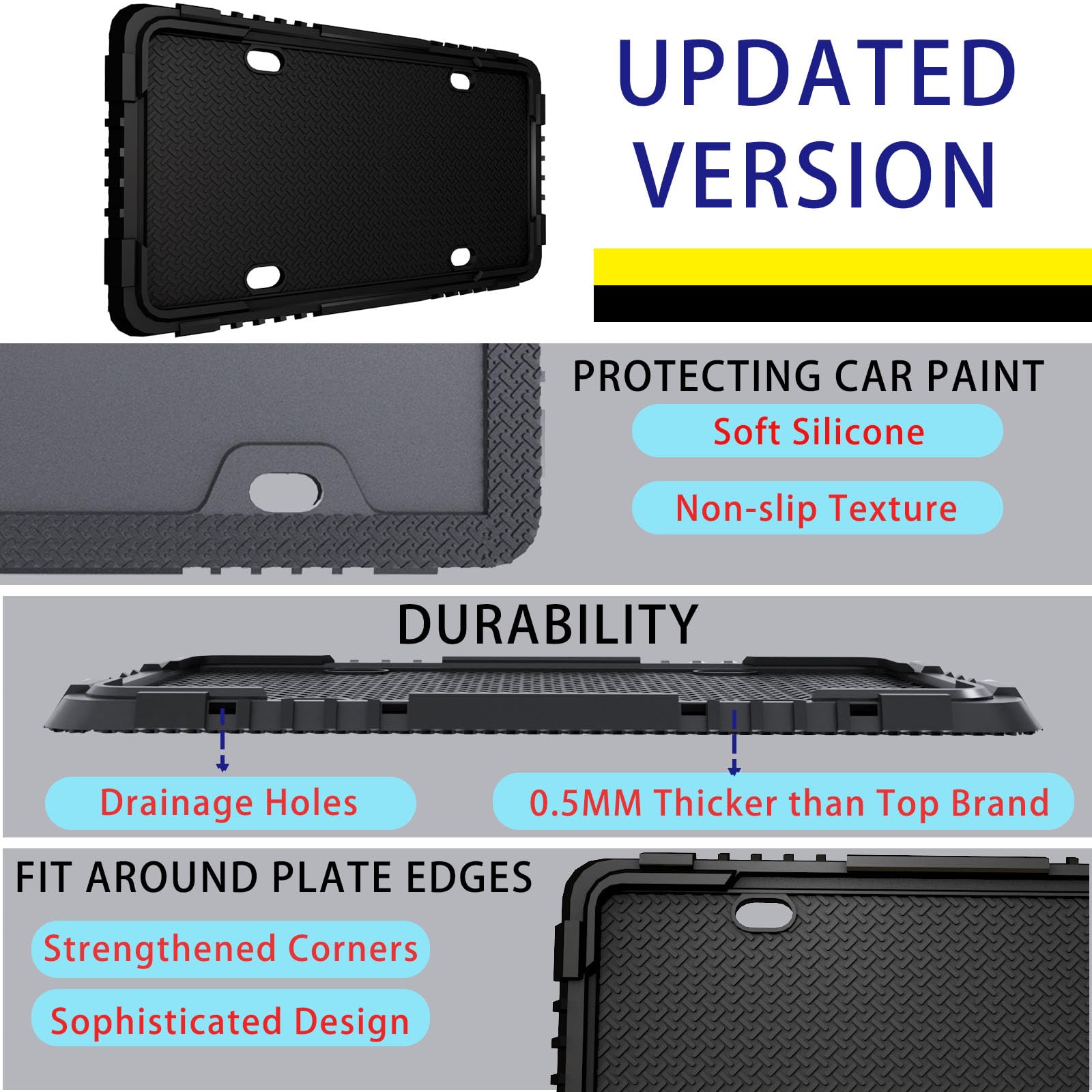 Crossarctic Black Silicone License Plate Frames, 2 Pack License Plate Holder Bracket Without Obstruction, Universal License Plat
