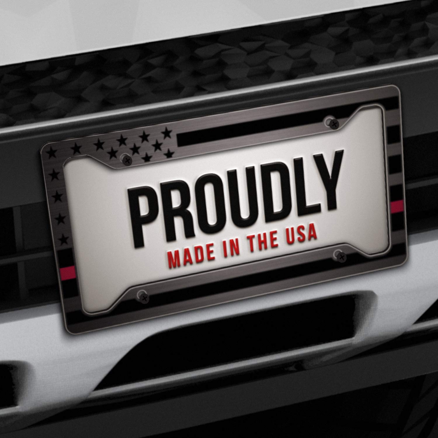 American Flag License Plate Frame - Thin Pink Line- Car Tag Frame -Pink On Brushed Breast Cancer Awareness