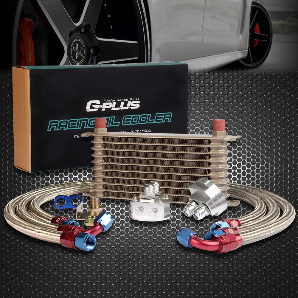 G-PLUS 10 Row AN10 Universal Engine Transmission Oil Cooler Kit Oil Filter Relocation Kit Aluminum Gold