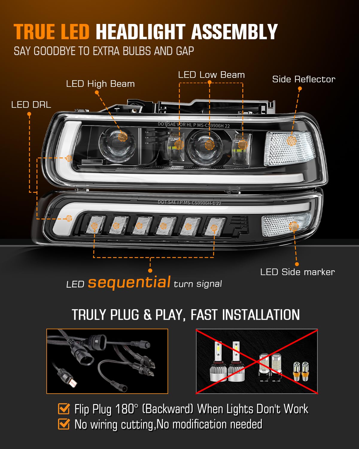 RAMJET4X4 LED Headlights Assembly for 1999-2002 Chevy Silverado, 2000-2006 Suburban, Tahoe - Sequential Turn Signal, Hi/Low Beam, Black