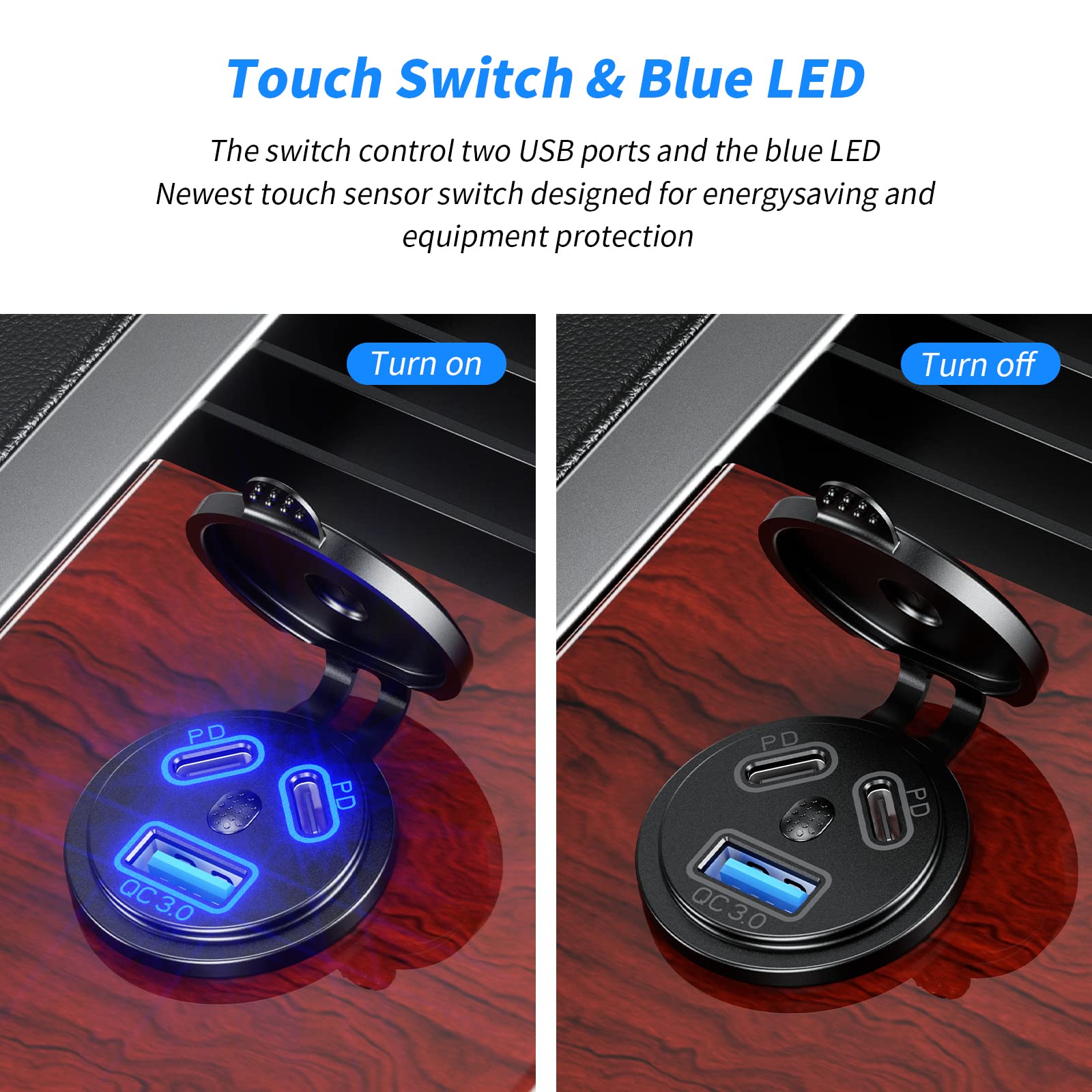 KEWIG 12V USB Outlet Quick Charge 3.0 USB Charger Socket & Dual PD Type - C Ports, USB Cigartte Lighter Socket with ON/Off Switc