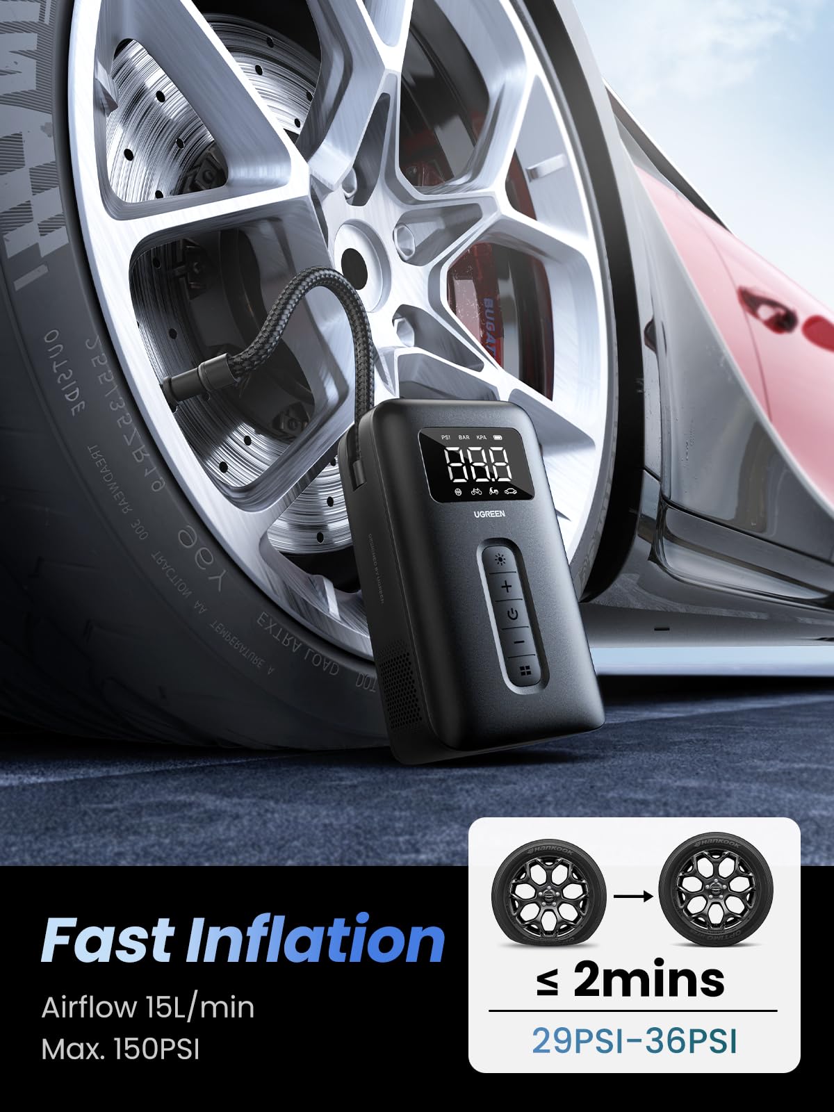Ugreen Tire Inflator Portable Air Compressor 150Psi Air Pump With Battery Led Light Cordless Tire Pump For Cars Bikes Motorcycle