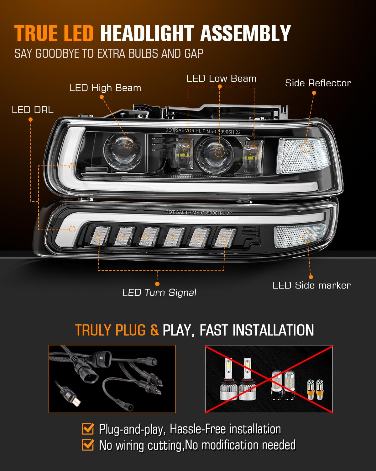 RAMJET4X4 LED Headlights Assembly Replacement for 1999-2002 Chevy Silverado & 2000-2006 Suburban/Tahoe, Hi/Low Beam, Black, Model RA