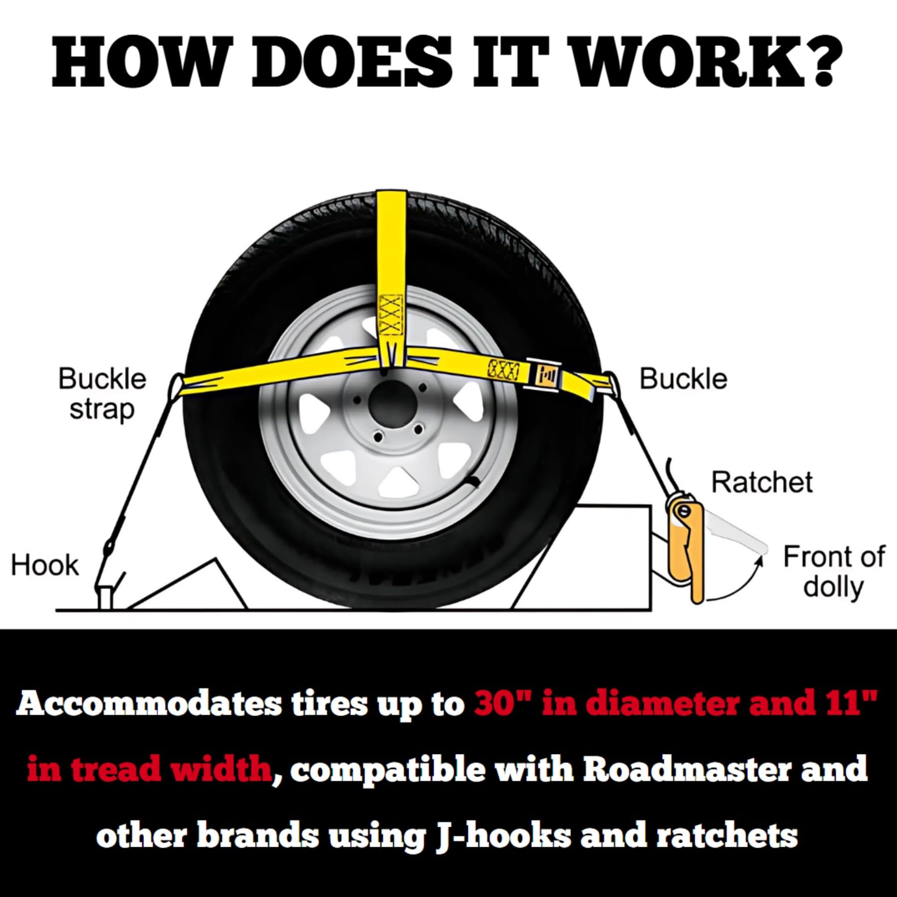 Roadmaster 2150 Single Universal Tie Down Strap | Compatible With Tires Up To 30'' Diameter & 11'' Tread Width | 2'' Wide Nylon