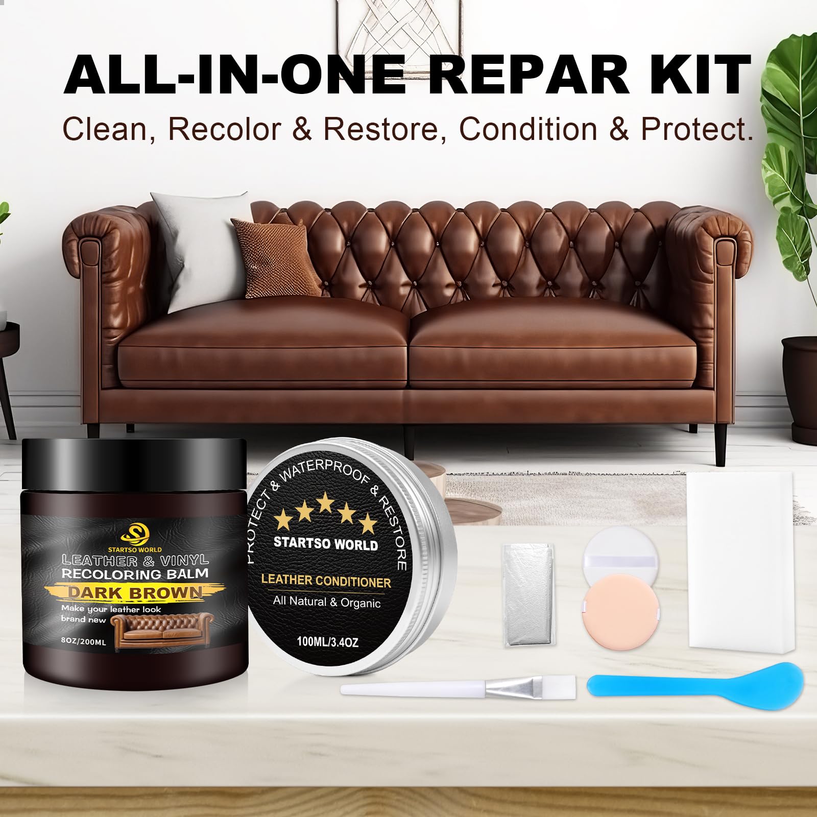 STARTSO WORLD Leather Recoloring Balm & Conditioner Set, 200ml, Dark Brown, Leather Repair Kit for Furniture & Couch Paint