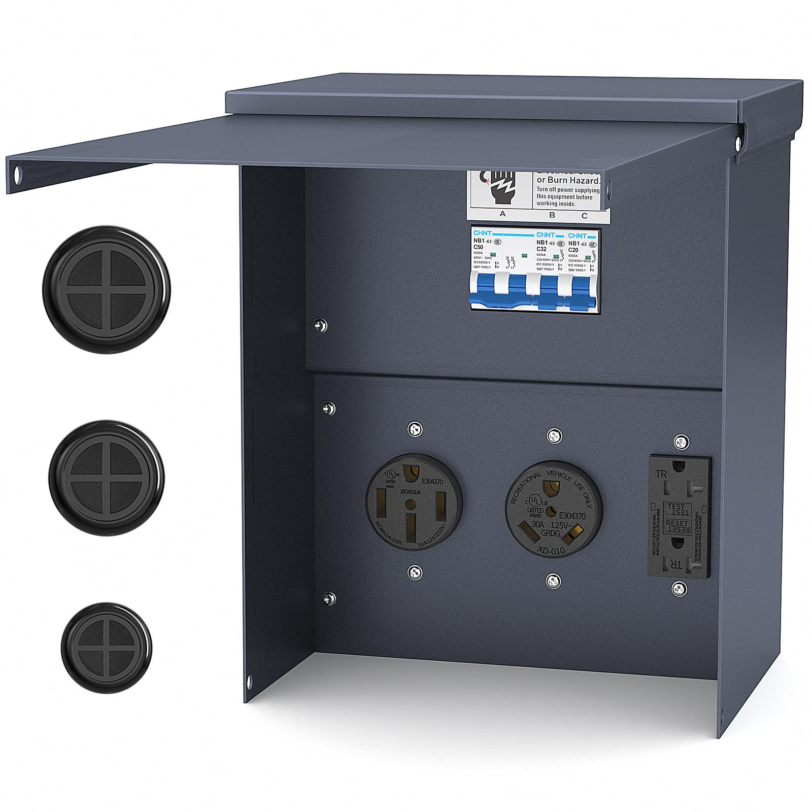 Joinfworld Temporary Power Outlet Panel Weatherproof, Thicker RV Pedeatal Electrical Breaker Box with 20, 30, 50 Amp Receptacle 
