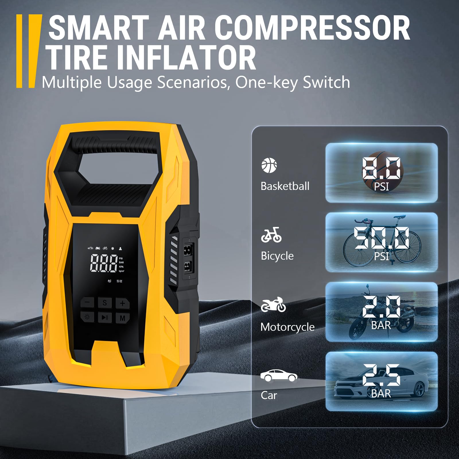 CARSUN Portable AC/DC Tire Inflator, 110V AC/12V DC, Auto Shutoff, Pressure Gauge, Yellow, Model T2221-Y