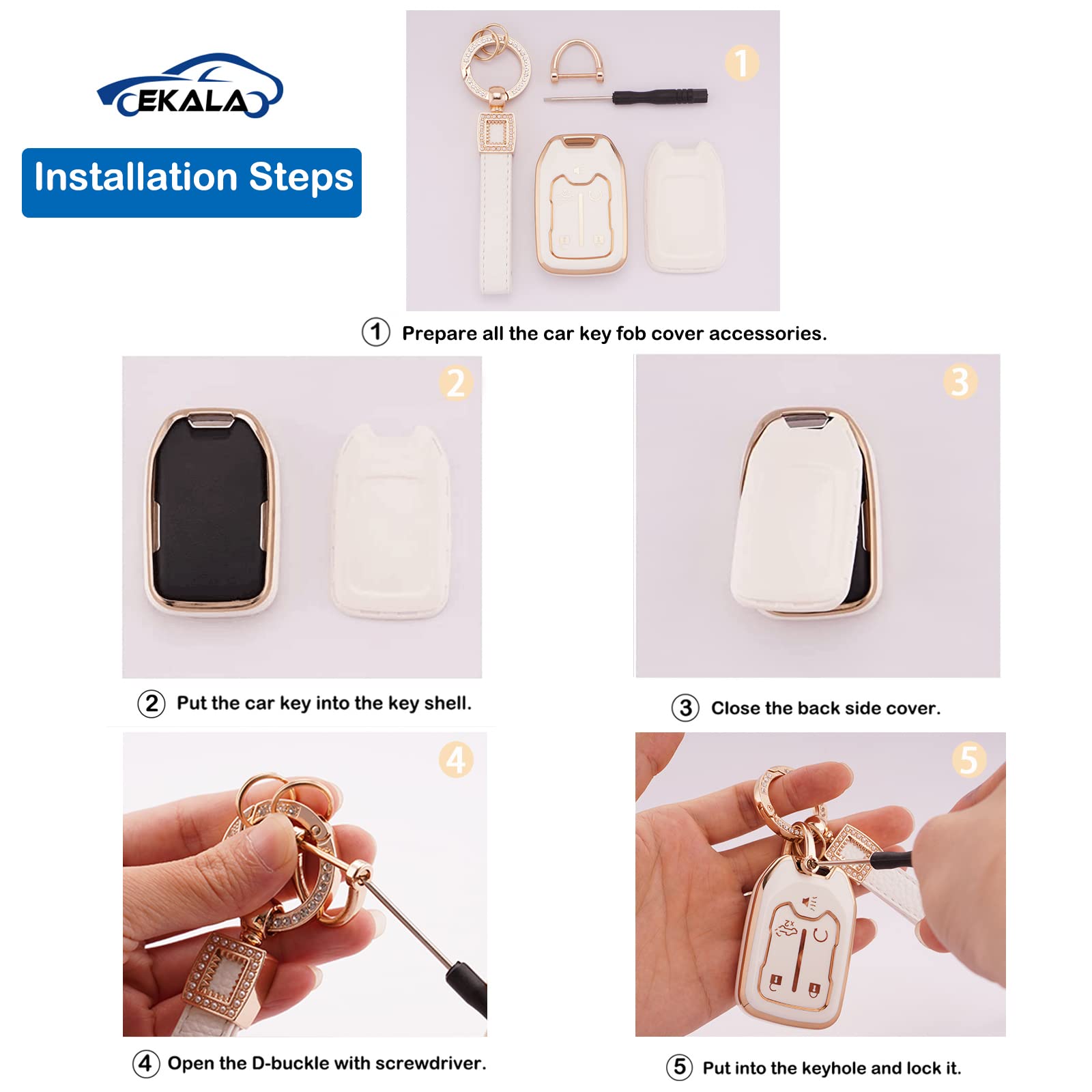 EKALA for Chevy GMC Key Fob Cover with Leather Keychain Lanyard, 5 Buttons Soft TPU Keys Shells Compatible with 2019-2023 Chevy