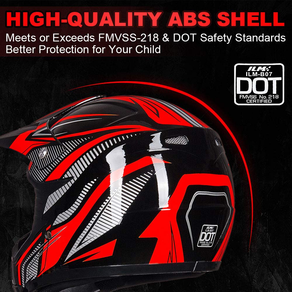 Ilm Youth Kids Atv Motocross Helmet Goggles Sports Gloves Dirt Bike Motorcycle Off Road Dot Approved B07 (Youth-L, Red/Silver)