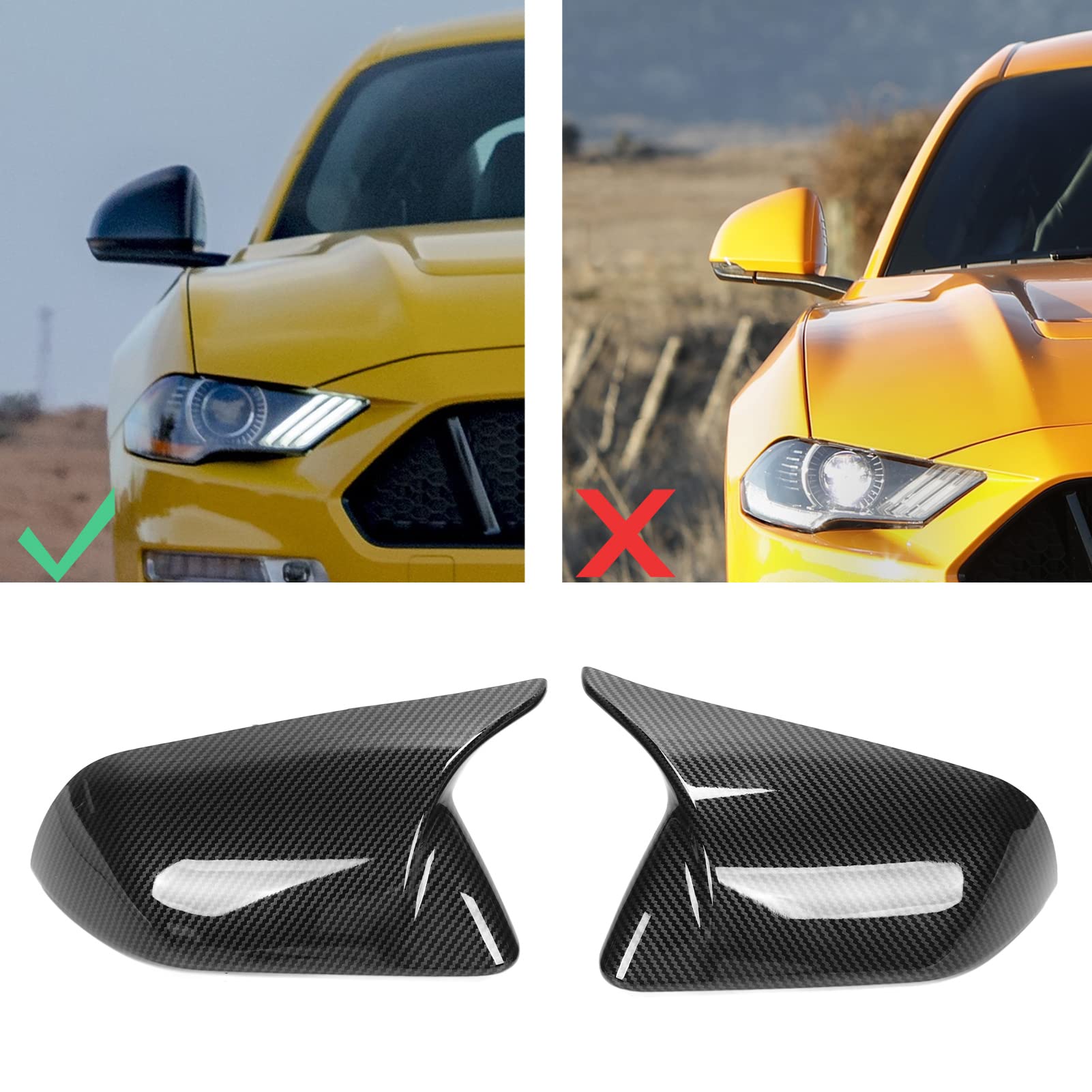 For Mustang Carbon Fiber Mirror Cover Car Exterior 2Pcs Door Mirror Cover Cap Left Right Horn Style Replacement For Mustang 2015?2022 Carbon Fiber Style (Carbon Fiber Style)