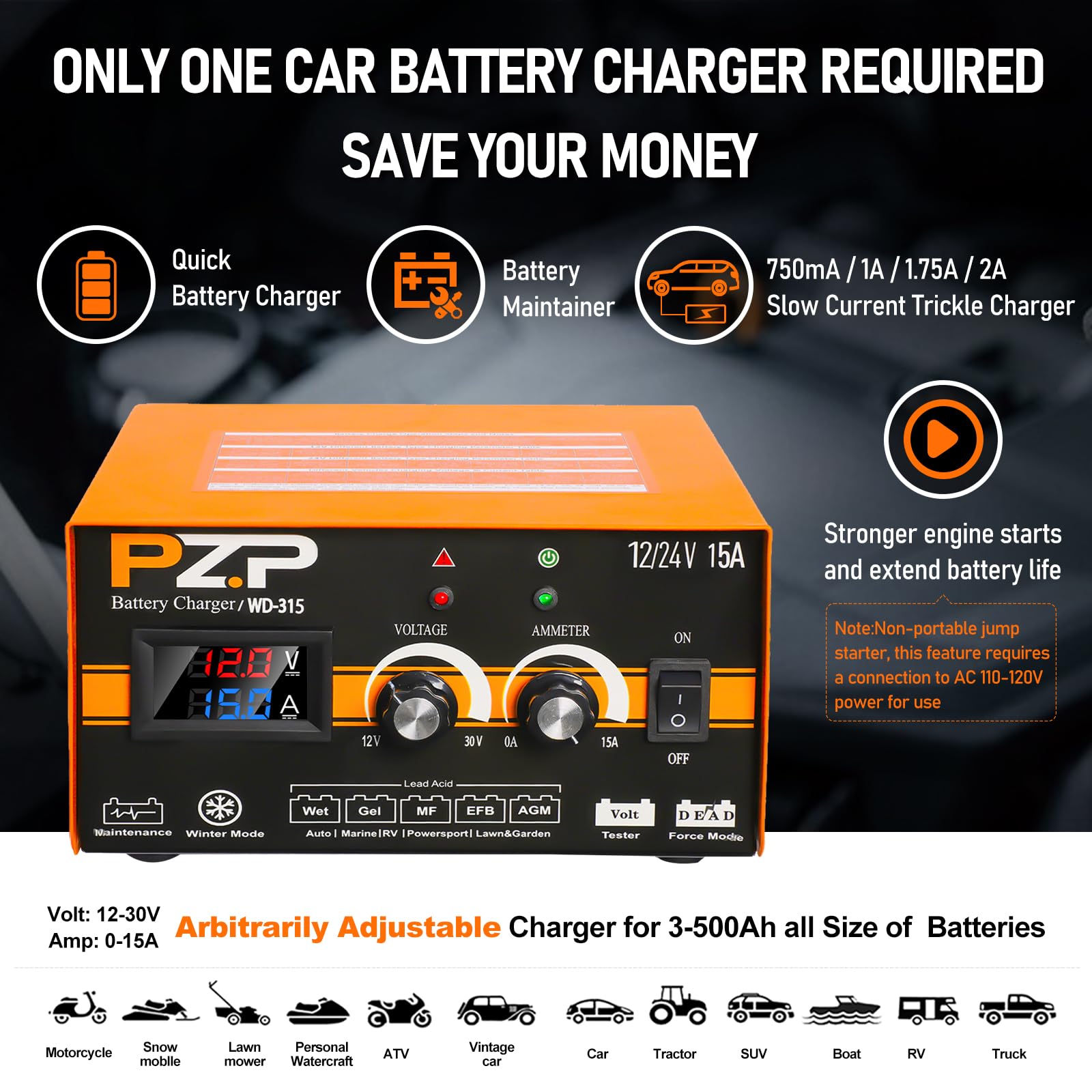 PZ.P 12V 24V Battery Charger - 0-15A Trickle Maintainer for Car, Truck, Motorcycle, RV, Boat - Orange