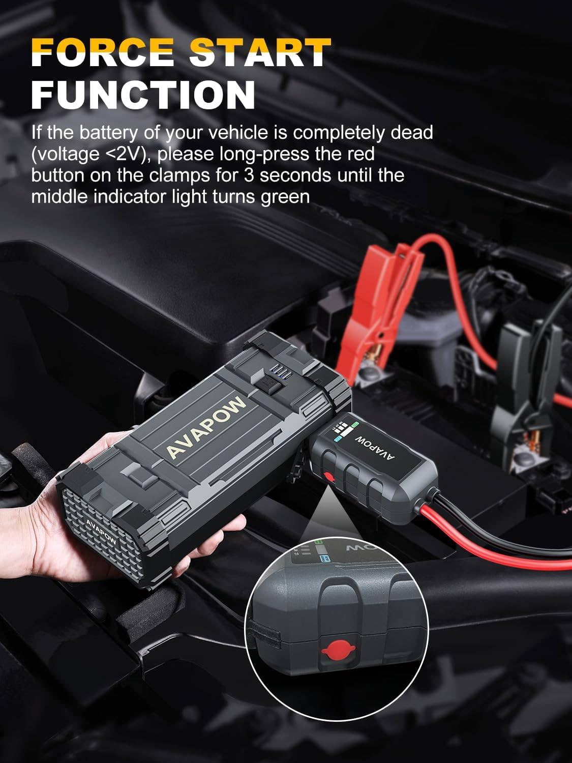 Avapow Car Battery Jump Starter 3000A Peak, Jumpstart With Force Start Function, Portable Starters For Up To 8L Gas 8L Diesel En