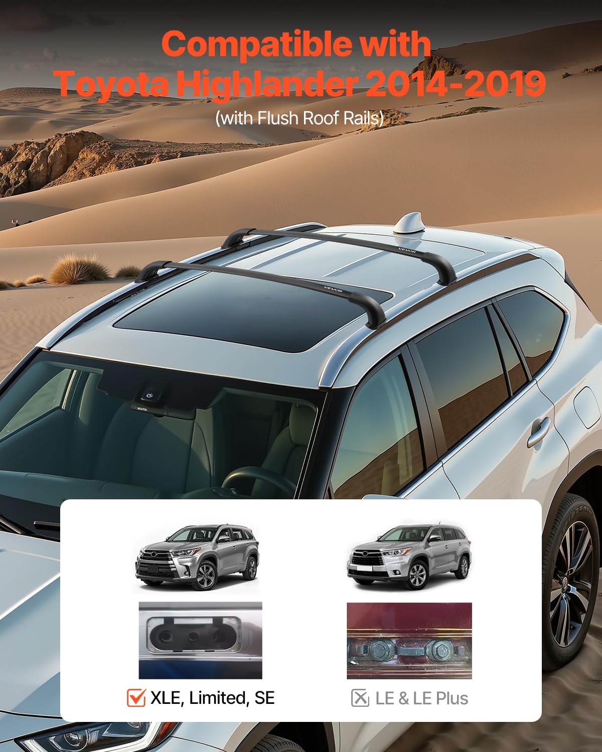 VEVOR Cross Bars Roof Racks, 165lbs Capacity, Compatible with Toyota Highlander 2014-2019 XLE, Limited, SE with Flush Roof Rails