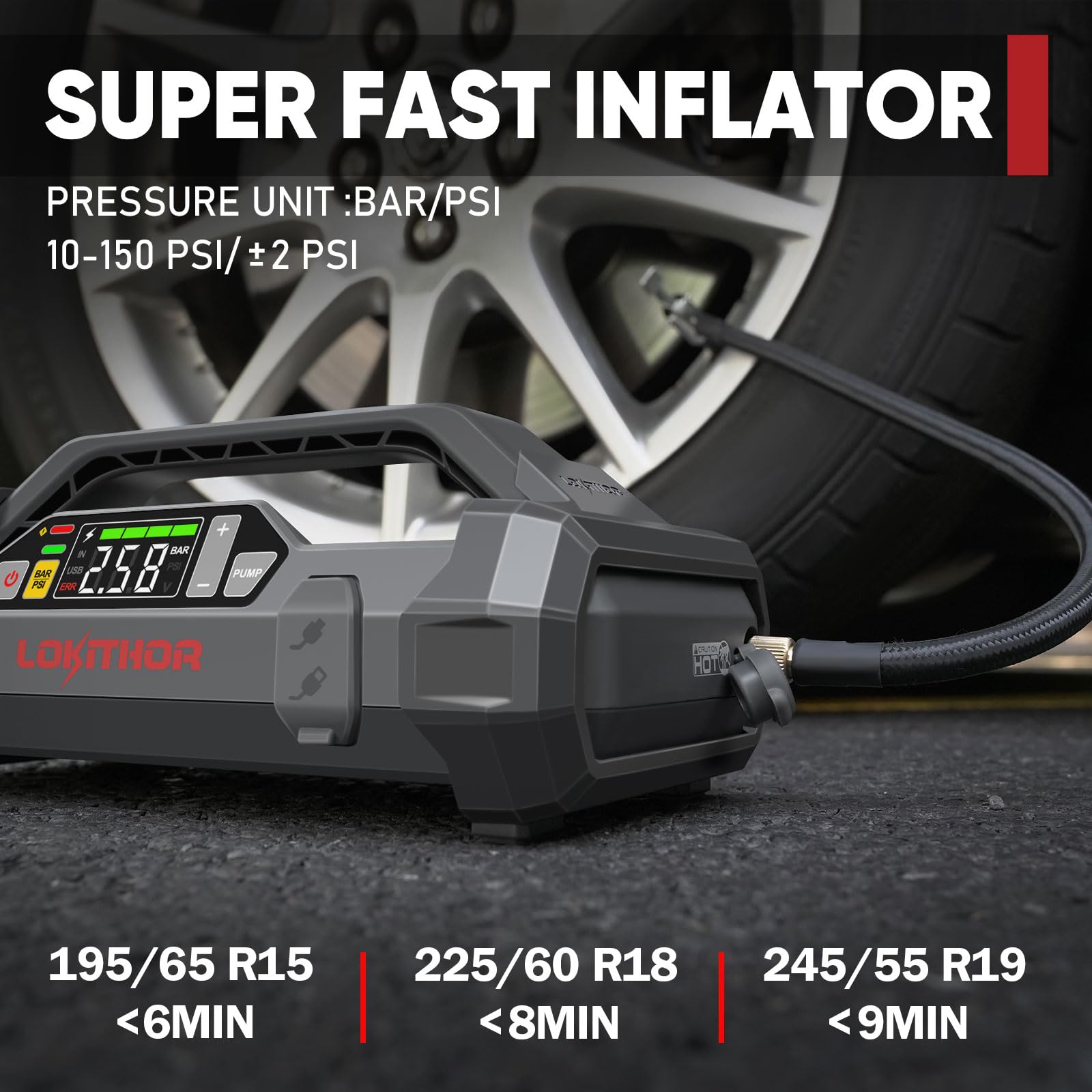 LOKITHOR JA300 Jump Starter & Tire Inflator, 1500A, 150 PSI, Gray, ABS Plastic, for 7L Gas/4.5L Diesel Vehicles