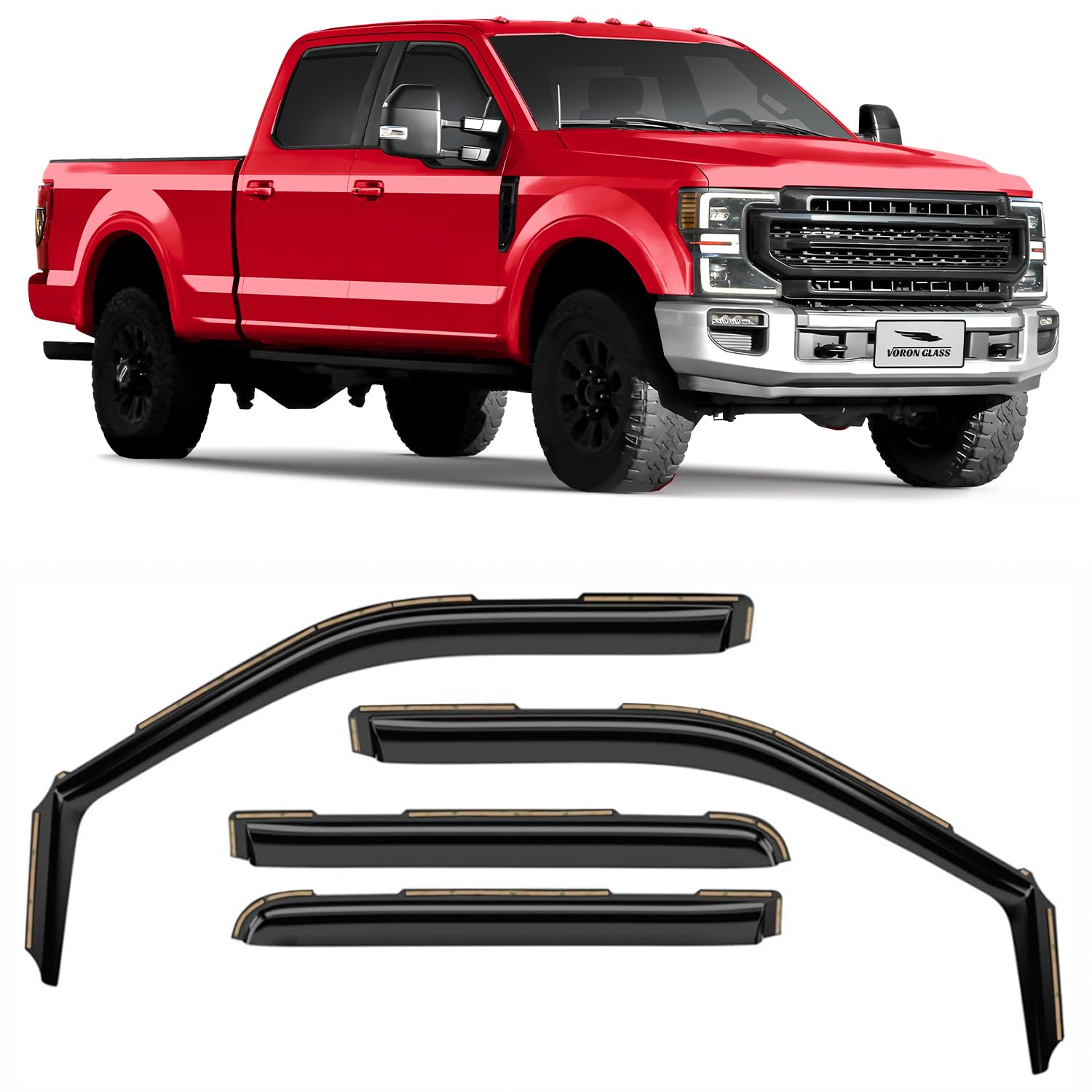 Voron Glass In-Channel Extra Durable Rain Guards For Ford F250 To F550 Super Duty 2017-2022 Crew Cab, Window Deflectors, Vent Wi