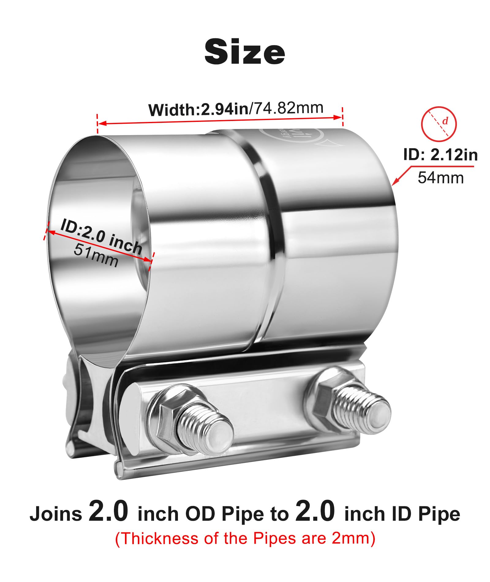 Evil Energy 2 ' ' Exhaust Clamp,Lap Joint Band Clamp Stainless Steel For Pipes,Mufflers,Catalytic Converters (4Pcs, 2.0 Inch)