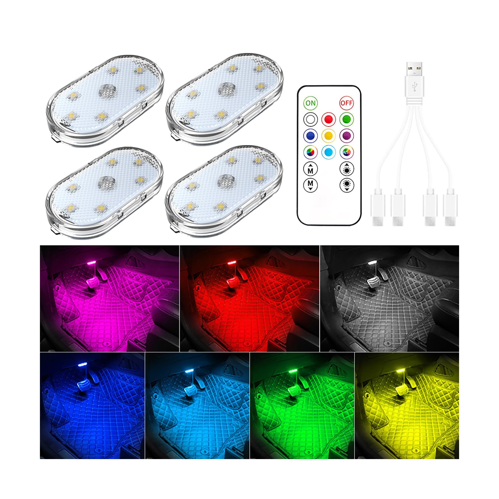 4 Pcs Car Led Lights Interior,7 Colors Ambient Lighting Car Interior,Usb Rechargeable Car Interior Reading Light,Portable Led Li