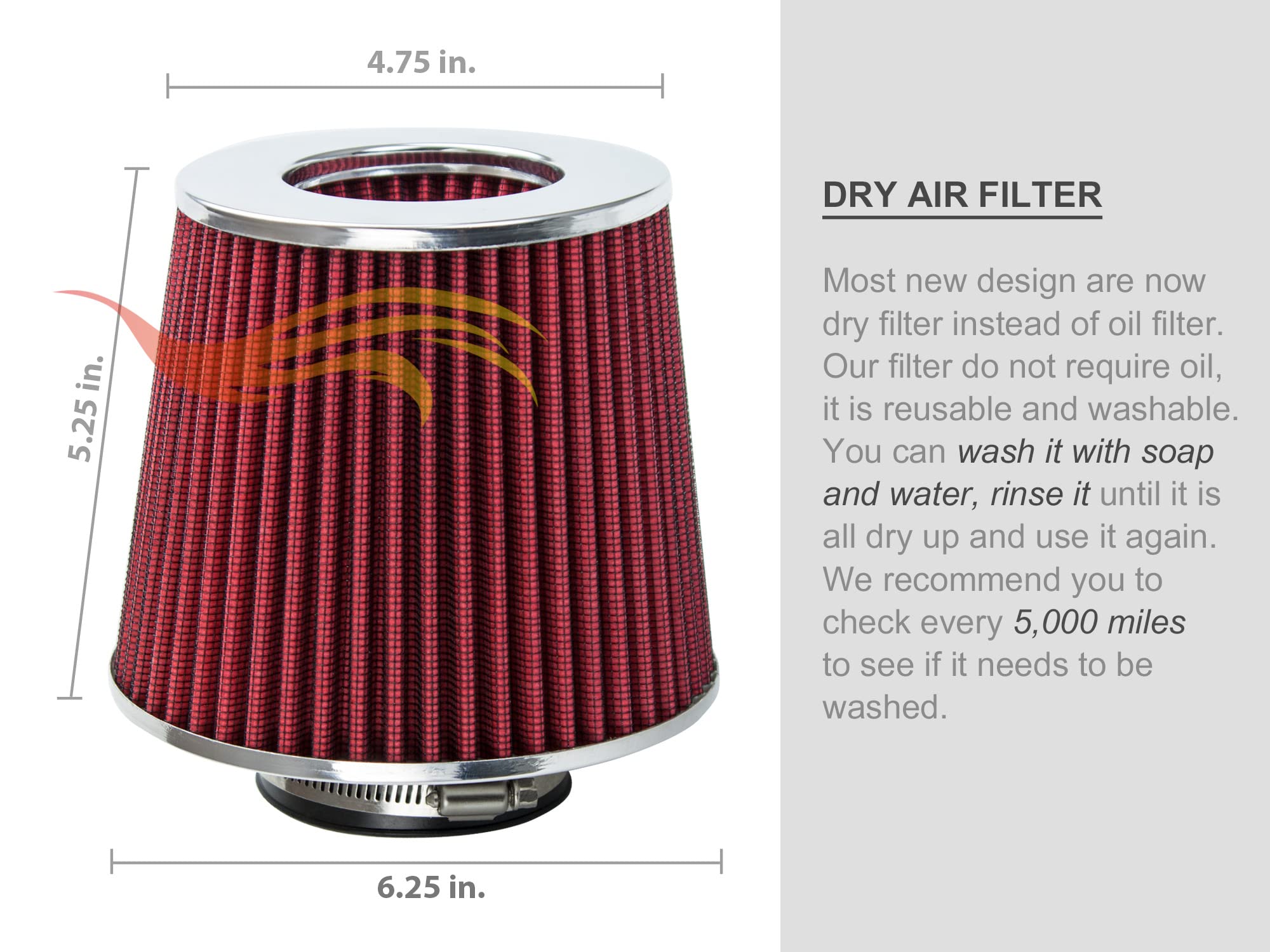 Rtunes Racing Red 2.5 Cold Air Intake Cone - Washable Clamp-On Dry Air Filter for Enhanced Performance