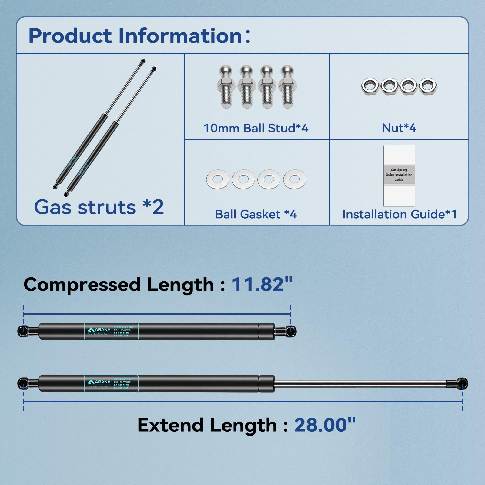 ARANA 28" Gas Struts 200LB Lift Supports for Heavy Lids, Doors & Trailers - 2 Pcs Set (Supports 180-220lbs)