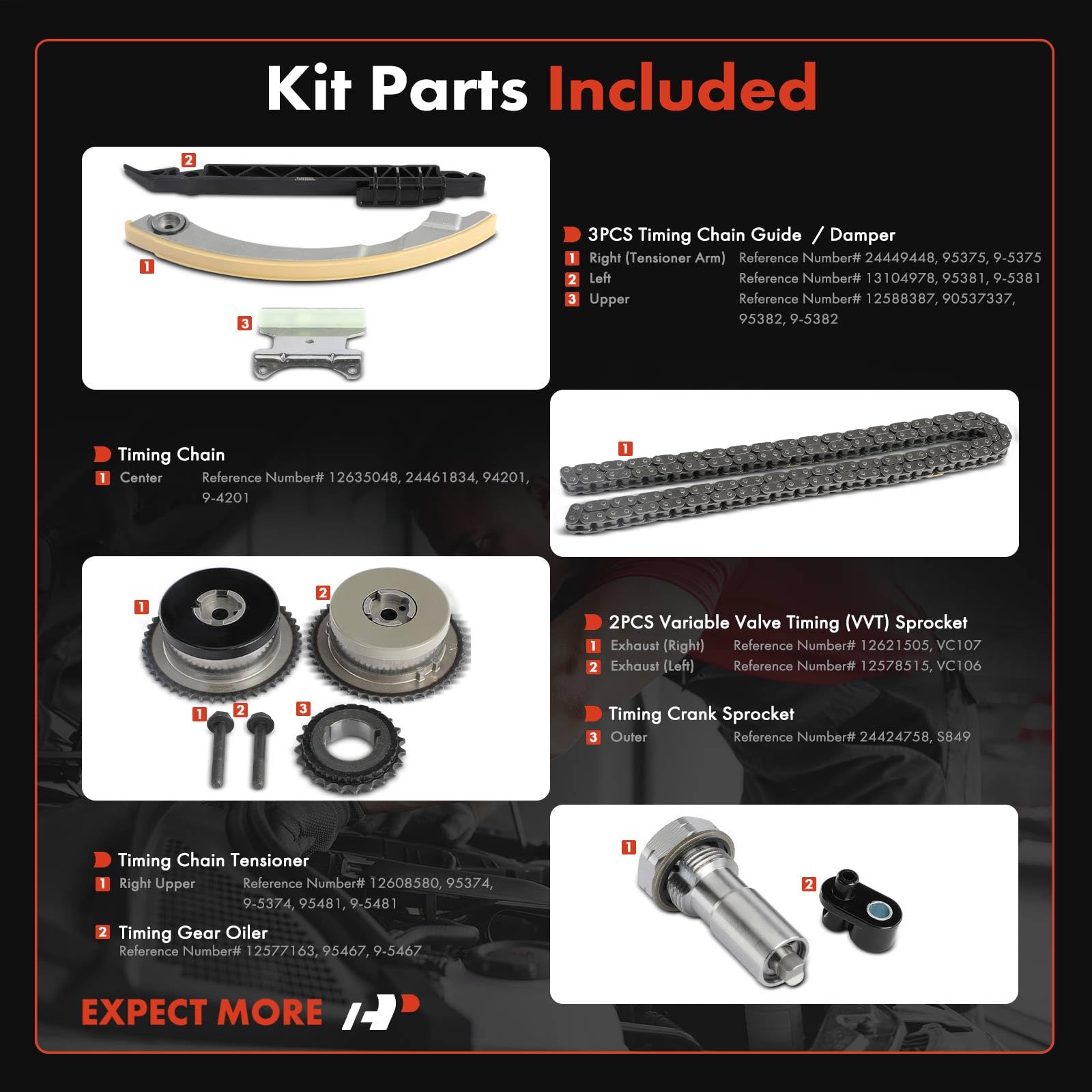 A-Premium Engine Timing Chain Kit W/Damper & Guide & Vvt Sprocket [Fit Dohc, 4Cyl 2.2 2.4L] Compatible With Chevy & Gmc & Pontiac & Buick & Saab & Saturn, Fits Hhr, Equinox, Regal, 9-5, Sky & More