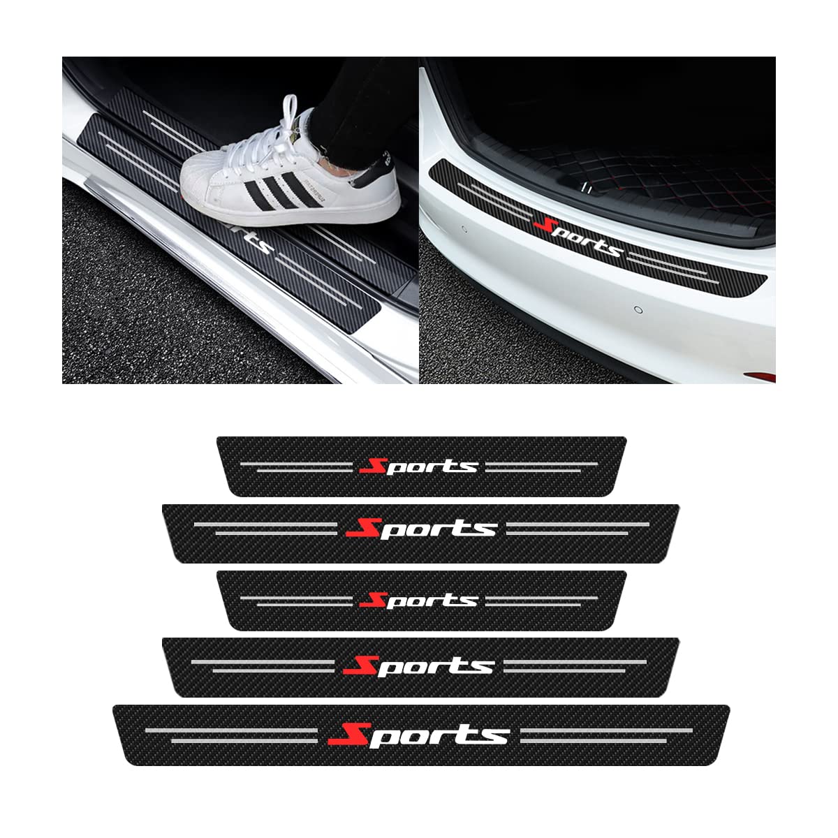 4Pcs Car Door Sill Protector And 1Pcs Rear Bumper Guard, Carbon Fiber Anti-Scratch Cover Strips, Trunk Door Entry Edge Protection Sticker, Auto Accessories Universal For Most Vehicles (White/Sport)