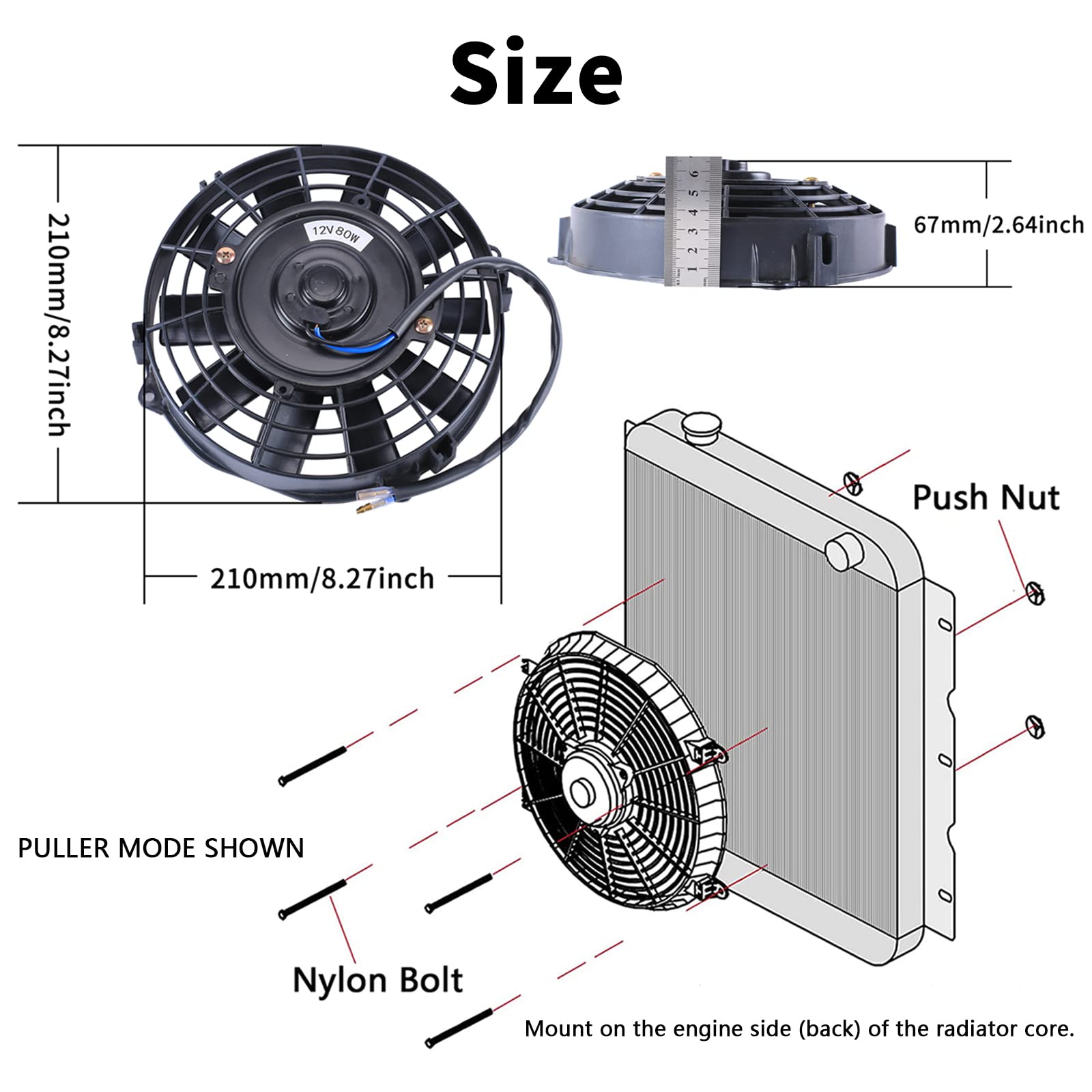 Fgjqefg 12 Inch Universal Slim Fan Push Pull Electric Radiator 12V 80W High Performance Cooling Fan Mount Kit Blue 2 Pcs