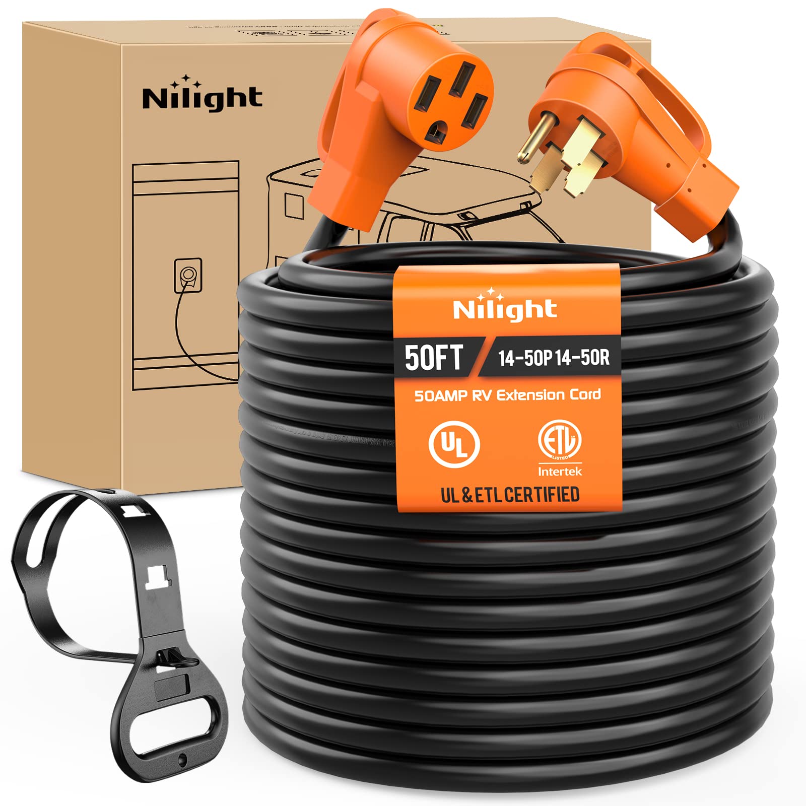 Nilight 50 Amp 50Ft Ev/Rv Extension Cord 250V Heavy Duty 6/3+8/1 Gauge Pure Copper Stw Wire Ul Etl Listed 4 Prong 14-50P 14-50R