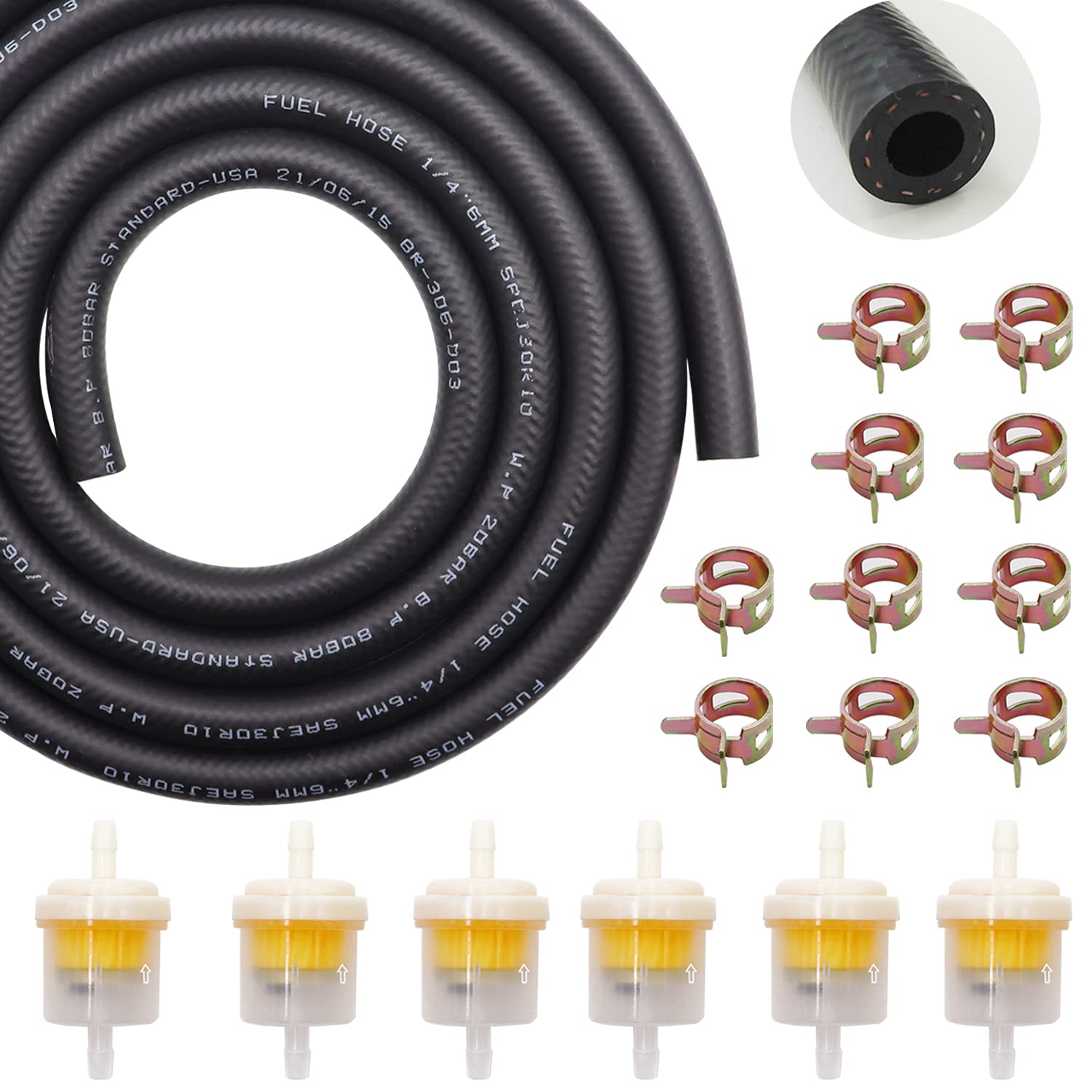 Taiss Id Fuel Line Kit, 1/4'(6Mm), 10-Foot (3M) Fuel Line Hose + 10Pcs 2/5' (11Mm) Id Hose Clamps+ 6Pcs Inline Fuel Filters .Suitable For Small Engines: Tractors, Mowing Machine, Snow Machine, Etc.