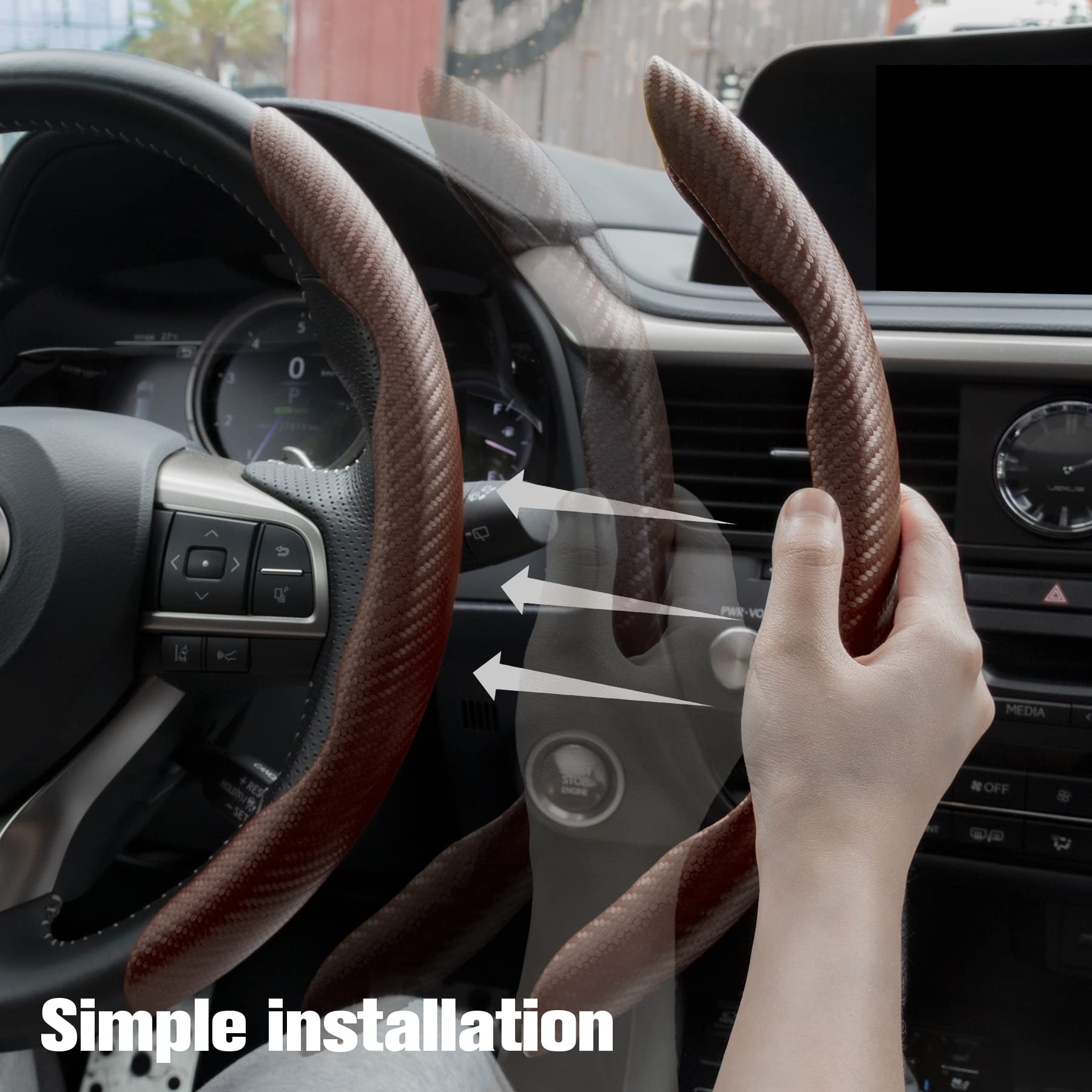 Amiss Car Carbon Fiber Anti-Skid Steering Wheel Cover/ Interior Accessories, Segmented Butterfly Universal 99% Wheel Cover Protector (Champagne)