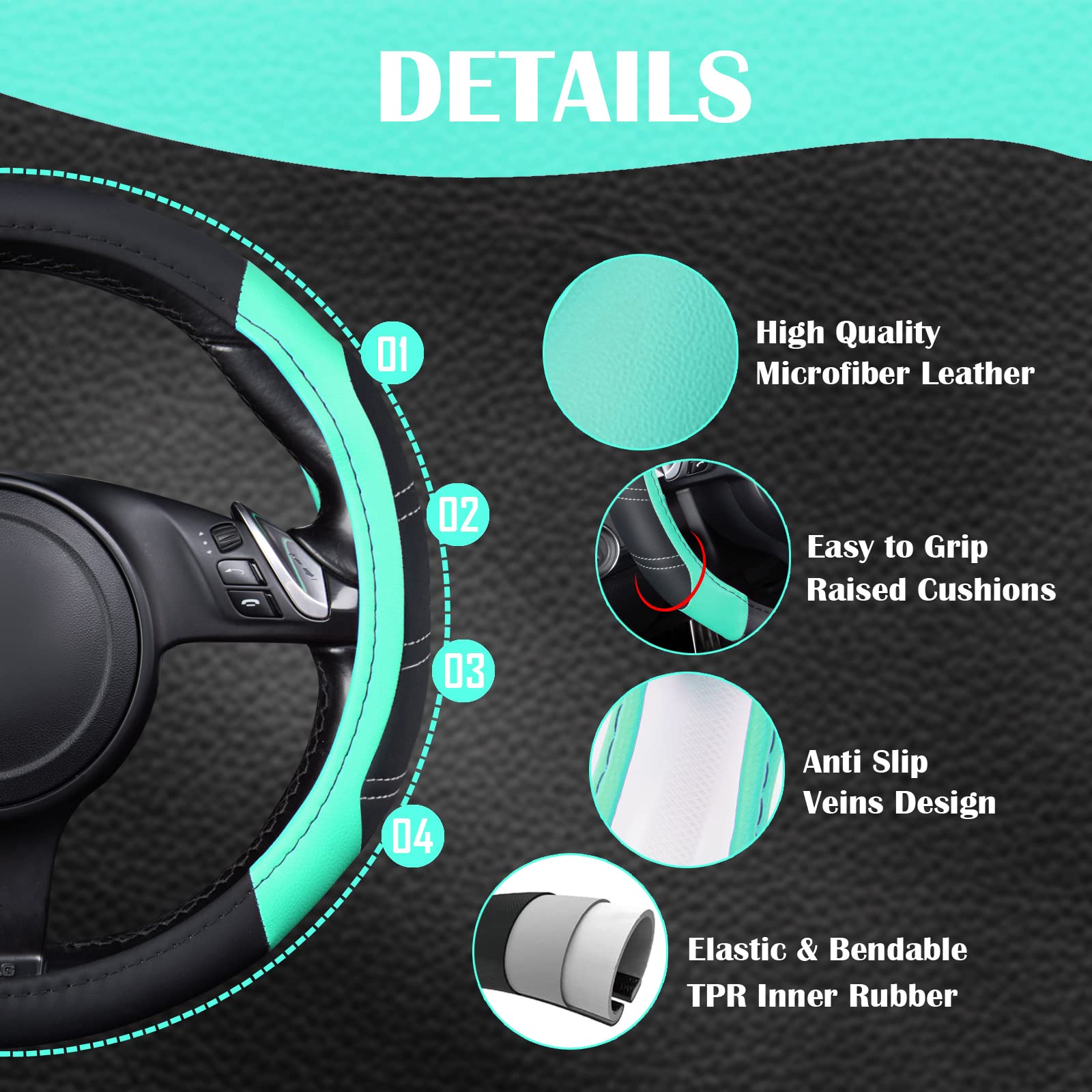 Car Pass Line Rider Microfiber Leather Sporty Steering Wheel Cover Universal Fits For 95% Truck,Suv,Cars, 14.5-15 Inch Anti-Slip
