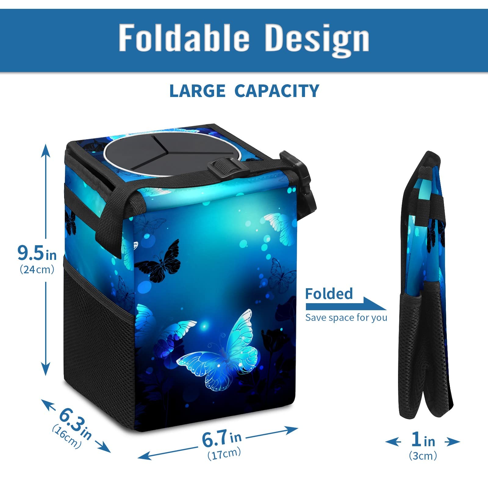 Blue Butterfly Glowing Car Trash Can with Lid, Collapsible Reusable Waterproof Garbage Can, Car Accessories Interior Organizer