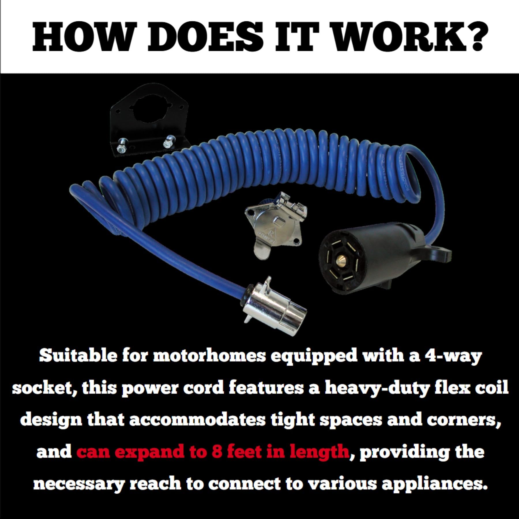 Roadmaster 164-7 Flexo-Coil 7-Wire to 4-Wire Adaptive Power Cord with Plugs, Sockets, & Socket Bracket Included | Designed for M
