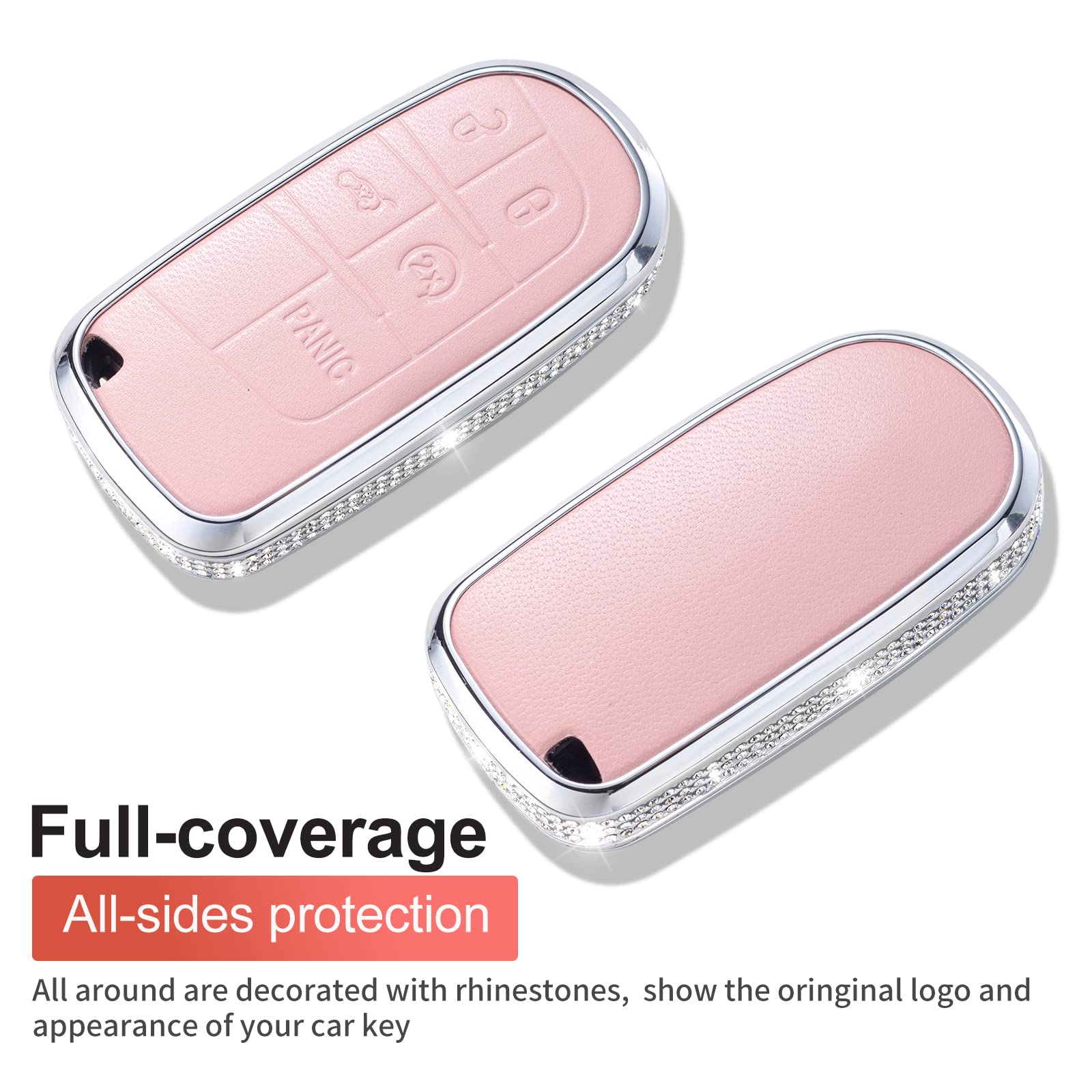 Ruabiban For Jeep Key Fob Cover With Keychain, Pink Genuine Leather Crystal Key Case Protection Shell Compatible With Jeep Smart