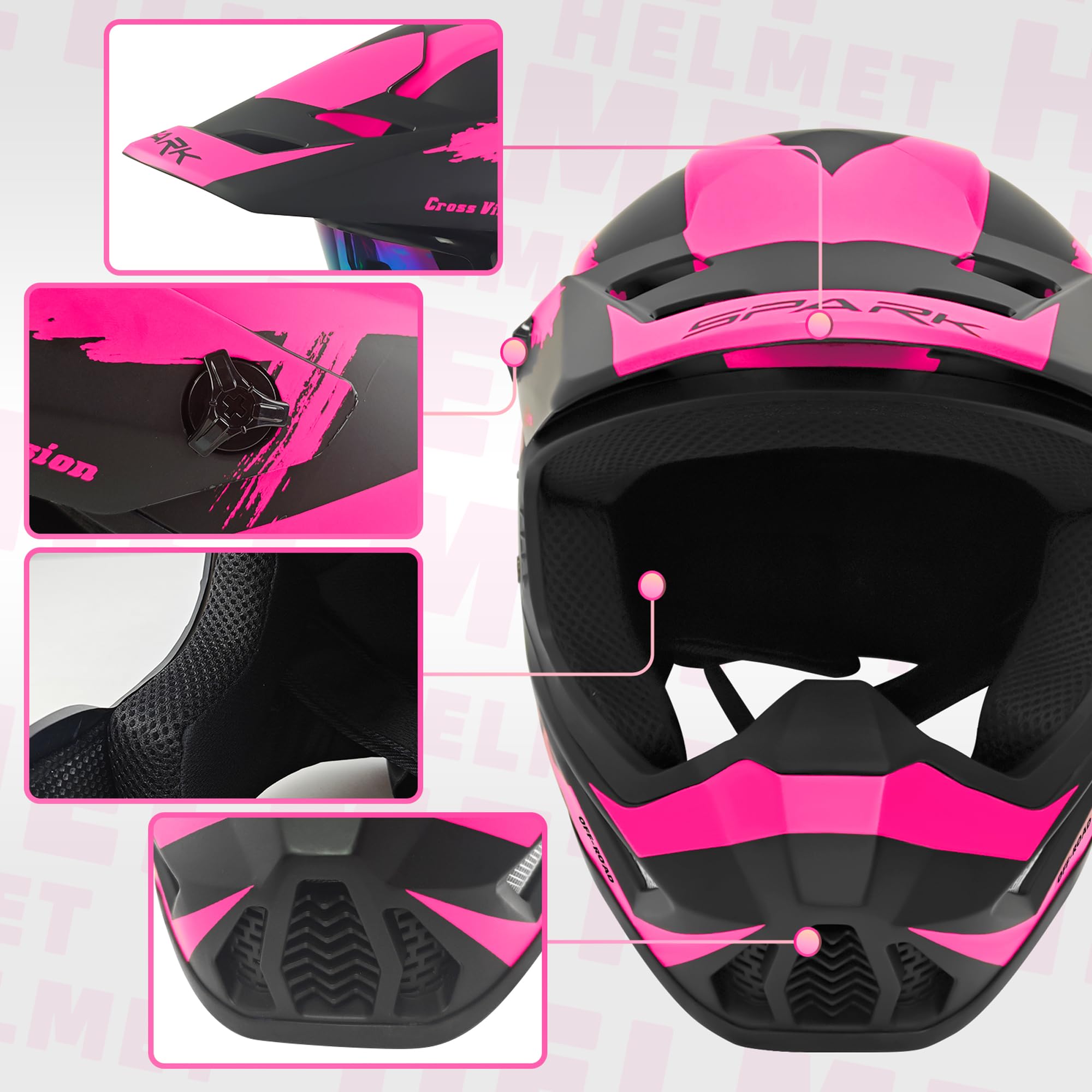 SanQing Motocross Helmet, DOT Certified, Medium, 01 Pink, Includes Gloves, Goggles, Mask - Youth & Adult ATV/Dirt Bike/BMX