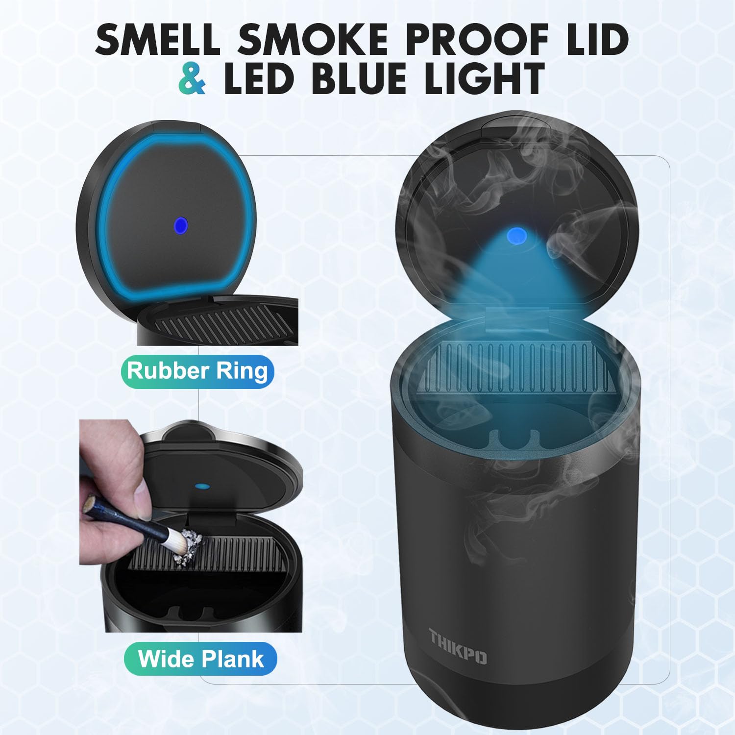 THIKPO Car Ashtray with Lid, Portable Stainless Steel, 4.33x2.75 inches, Misted Black, Model AT021, Windproof, Smokeless