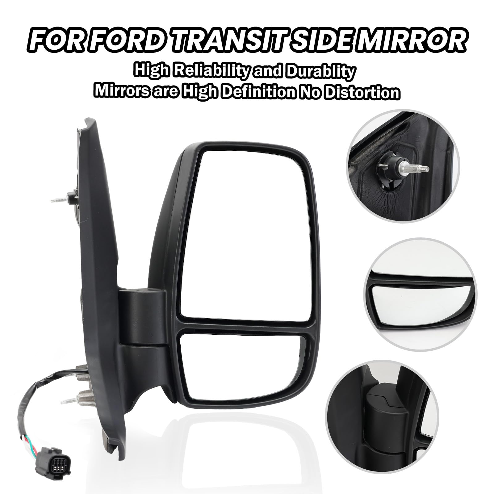 MOFOAP Passenger Side Mirror for 2015-2025 Ford Transit 150/250/350, Power Glass, Black, Short Arm, 3 Pins Without Indicator