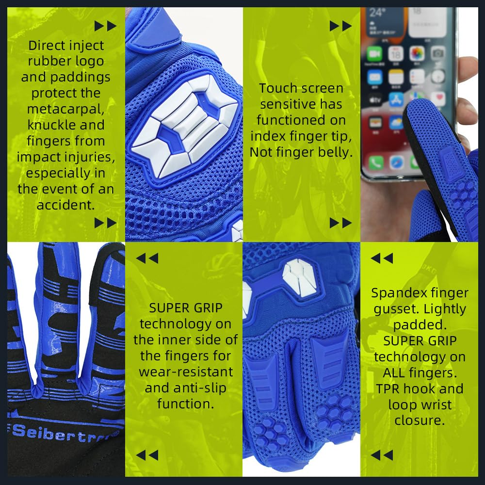 Seibertron Youth Dirtpaw Unisex Mx Atv Mtb Racing Gloves - Full Finger Touchscreen Glove For Bicycle Cycling Mountain Biking Mot