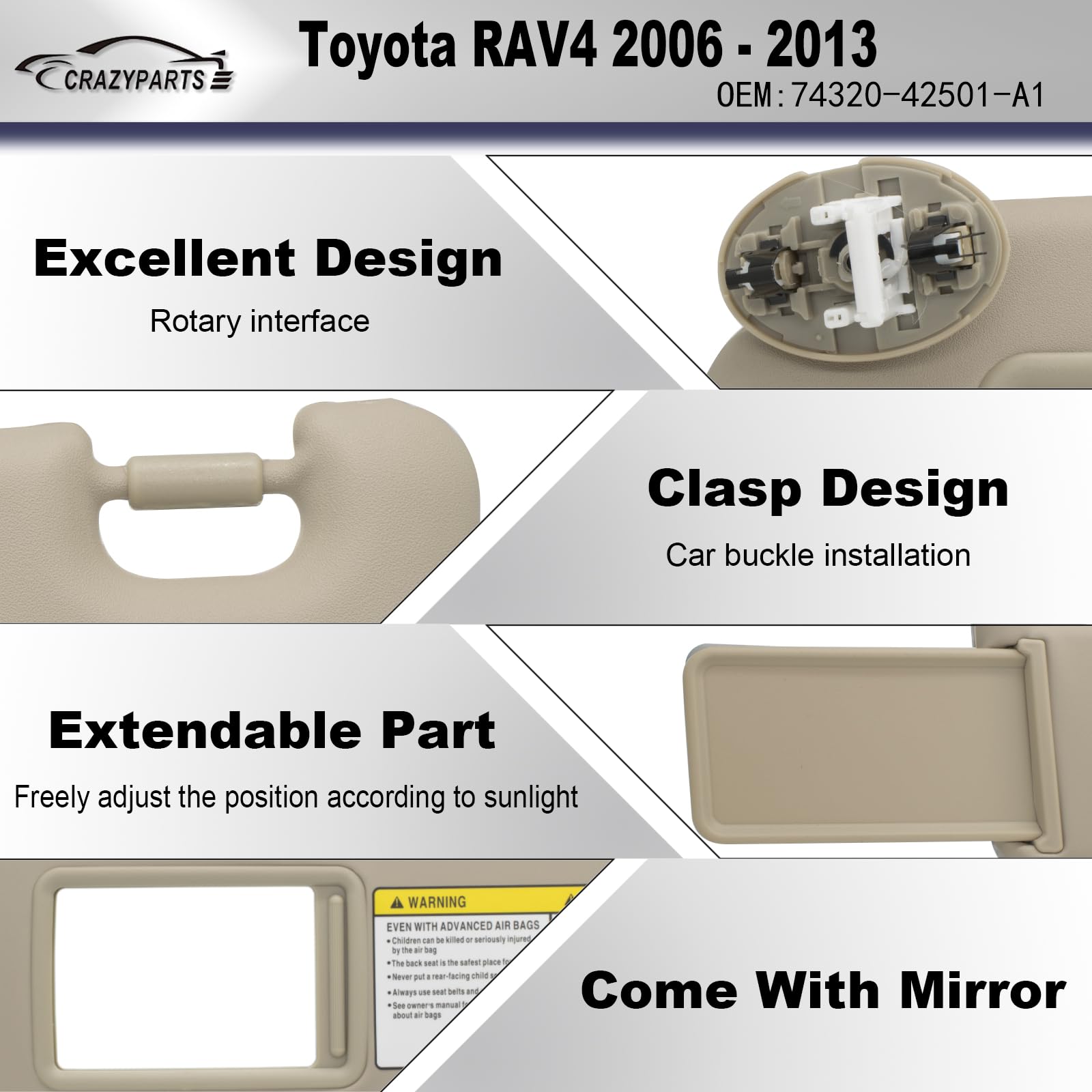 Driver Left & Passenger Right Side Sun Visor Replacement with Toyota RAV4 2006 2007 2008 2009 2010 2011 2012 2013 with Light Rep