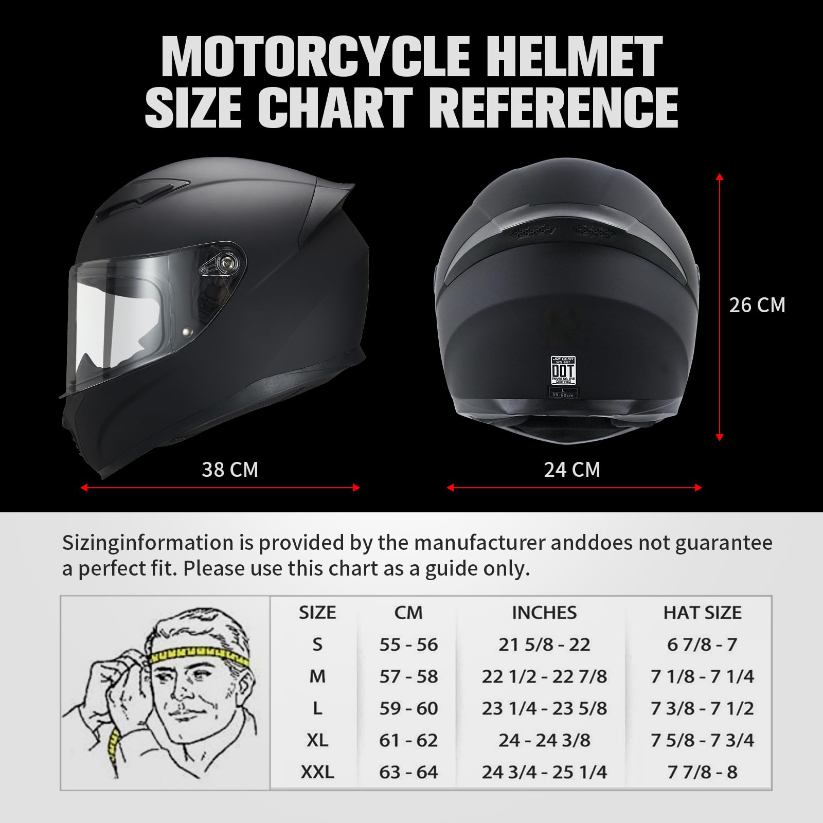 JQF Gear Full Face Motorcycle Helmet, DOT Approved, ABS, X-Large, Flat Black B