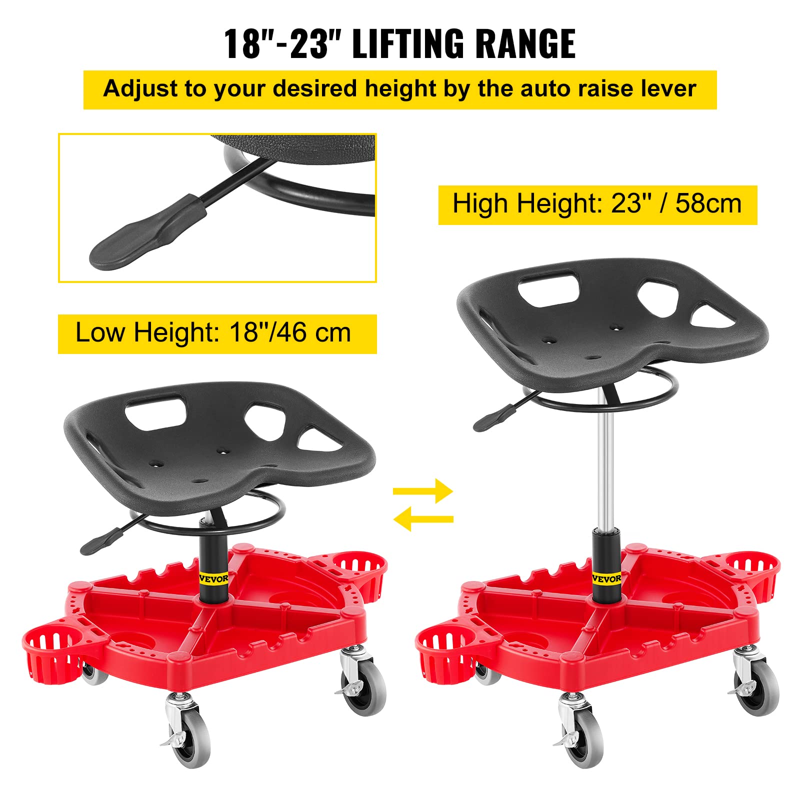 Vevor Rolling Garage Stool, 300Lbs Capacity, Adjustable Height From 18 In To 23 In, 360-Degree Swivel Wheels (4'), Large Tool Tray With Two Bottle Holder, For Workshop, Auto Repair Shop, Red