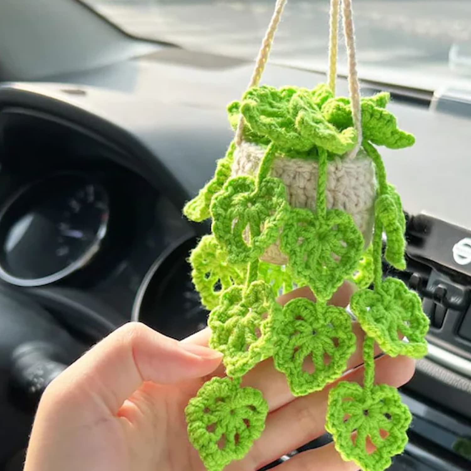Crochet Hanging Plant for Car, Cute Car Plant Accessories, Knitted Plant Car Mirror Hanger, Boho Car Plant Crochet Hanging Baske