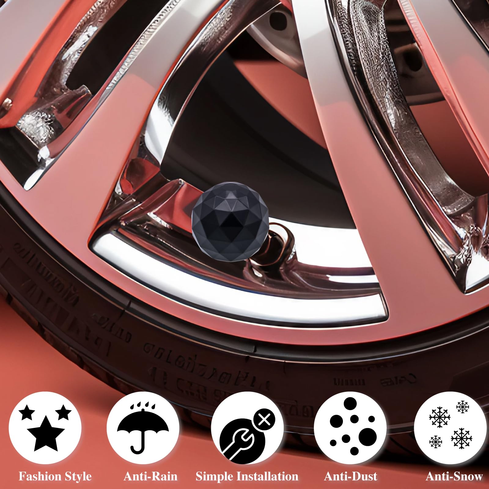 Meajoo 4Pcs Sparkle Ball Style Tire Valve Stem Caps, Air Caps Cover, With Rubber O-Ring, Palstic Air Leakproof Valve Caps Cover
