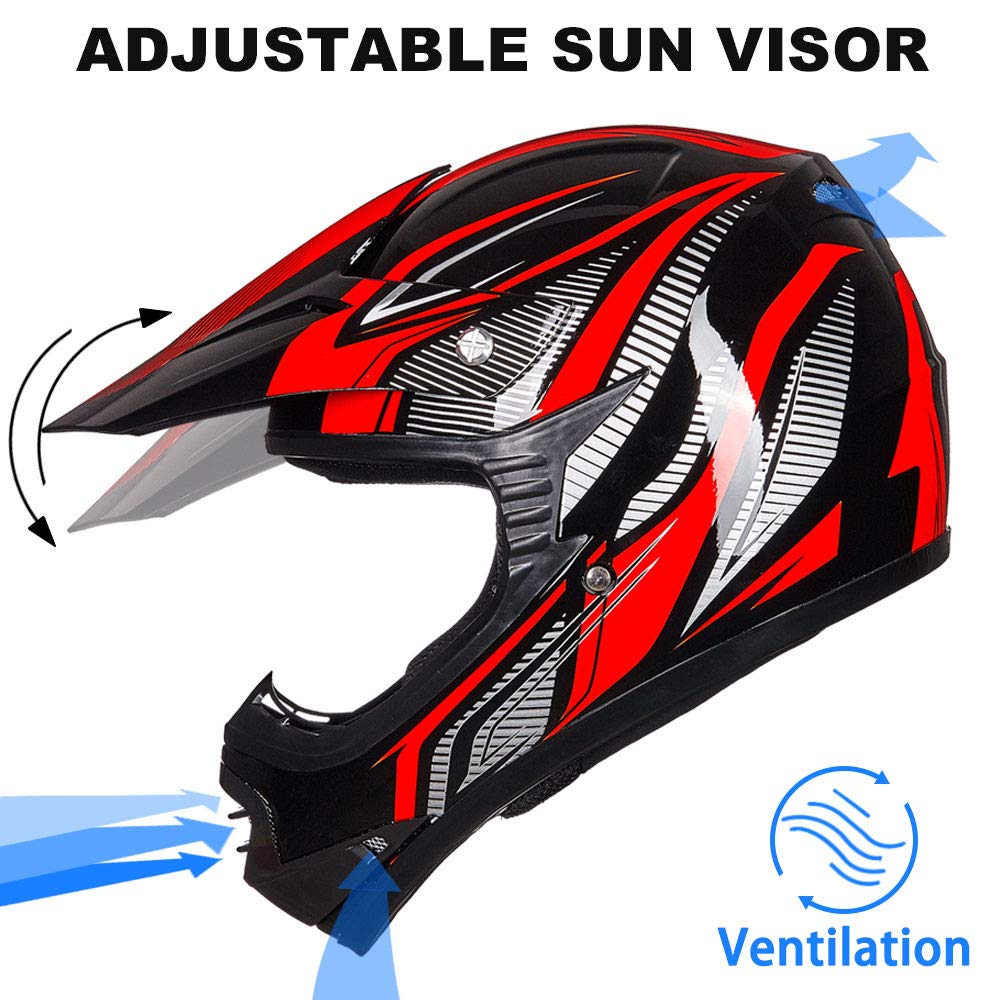 Ilm Youth Kids Atv Motocross Helmet Goggles Sports Gloves Dirt Bike Motorcycle Off Road Dot Approved B07 (Youth-L, Red/Silver)