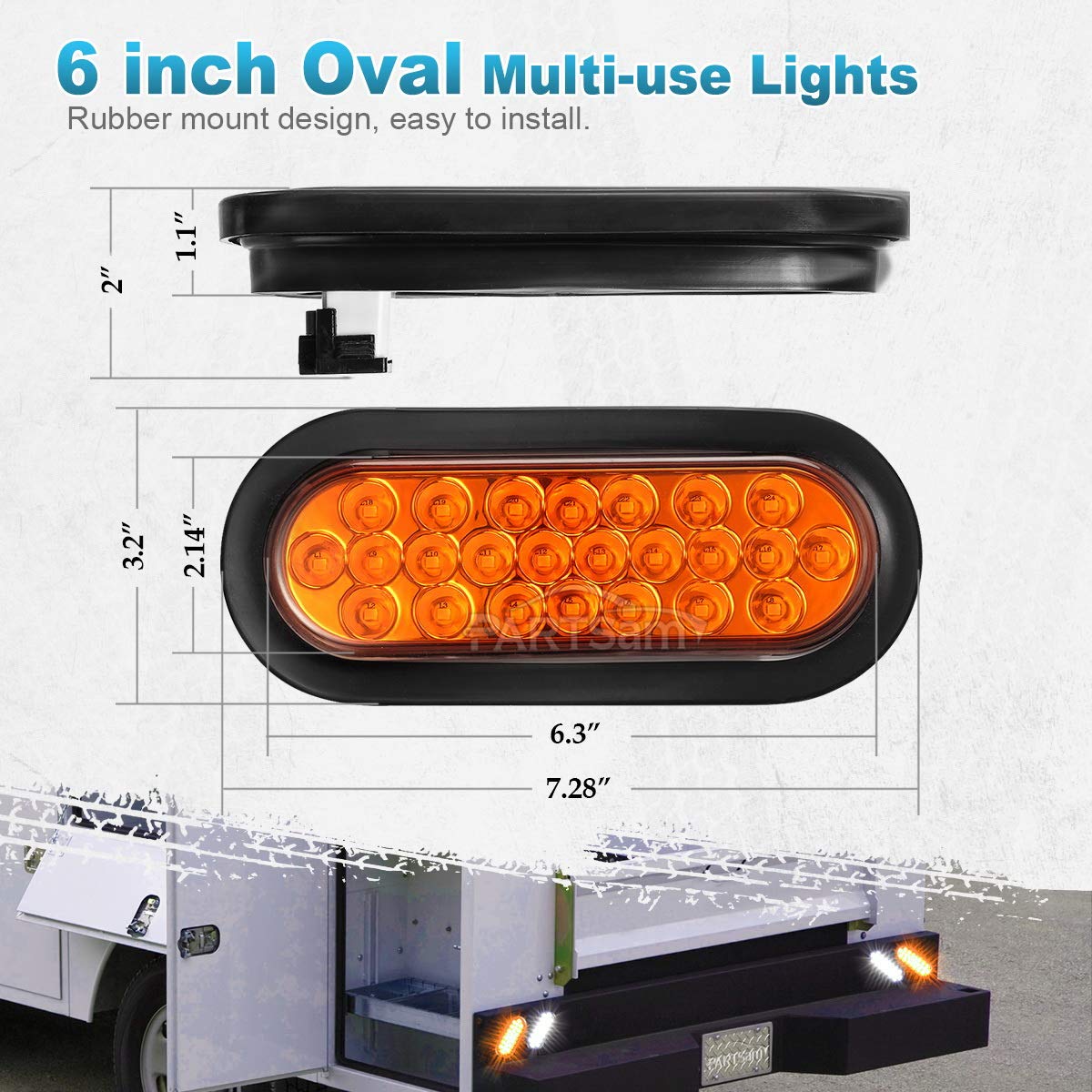 Partsam 2Pcs 6 Inch Oval Amber Led Trailer Lights 24Led, 6'' Oval Led Turn Signal And Parking Lights Flush Grommet Mount Sealed