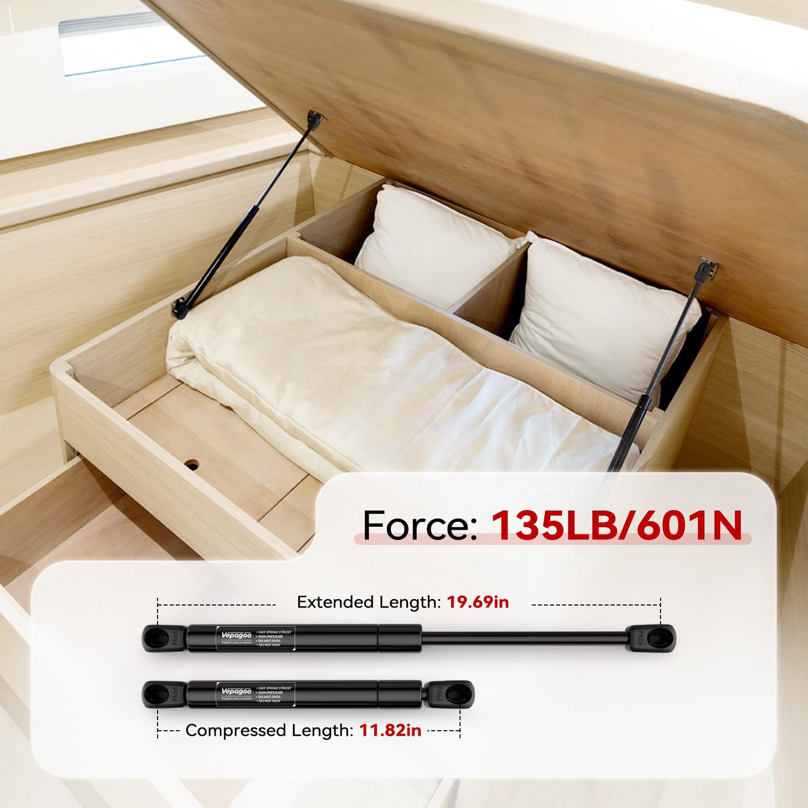 Vepagoo 20 Inch 135Lb/601N Gas Strut Shock Spring Lift Support For Tonneau Cover Rv Door Bed Boat Hatch Tv Cabinet Storage Compa